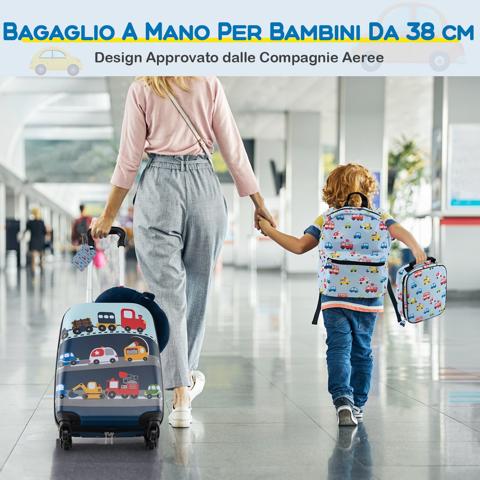 GYMAX Set Valigie per Bambini da 5 Pezzi con Trolley 38 cm, Zaino 33 cm, Cuscino per il Collo, Borsa per il Pranzo Isolata, Etichetta per Bagagli, per Viaggio Scuola (Auto)
