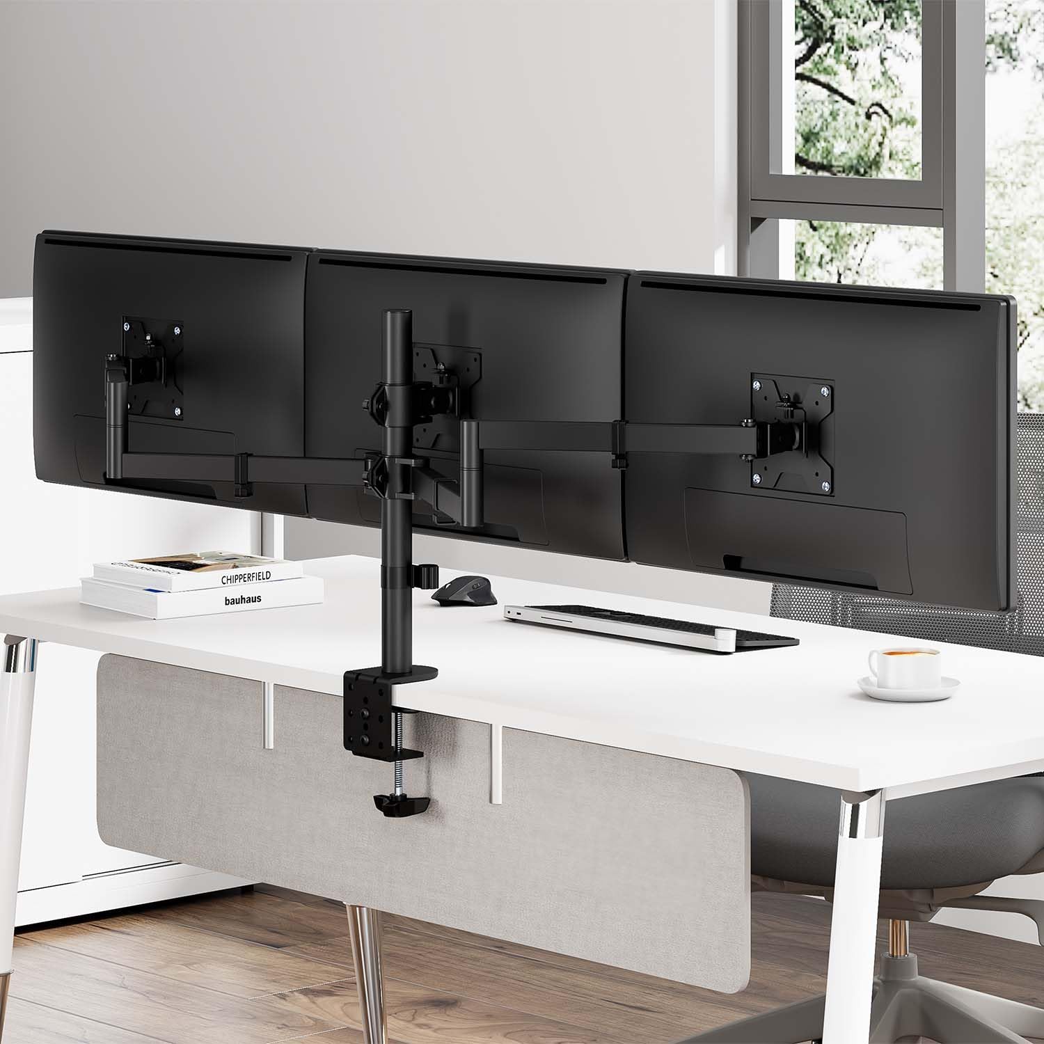 AISENS - DT27TSR-281 - Supporto da tavolo Eco girevole e inclinabile per 3 monitor da 10 kg (3 pin, 2 braccia) da 13-27, nero