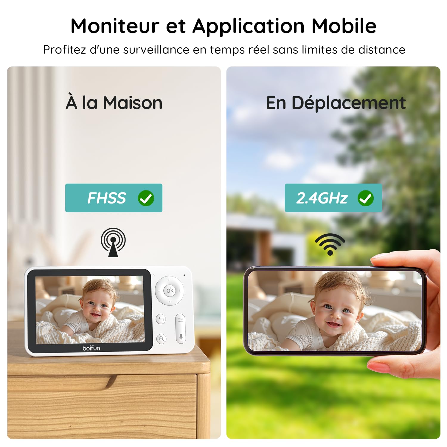 BOIFUN Babyphone 2 Cameras, Écran Divisé, Application Mobile et Moniteur 4,3" 1080P, Détection Intelligente, Suivi Automatique 360°, Zoom 4X, Double Protection de la Vie Privée
