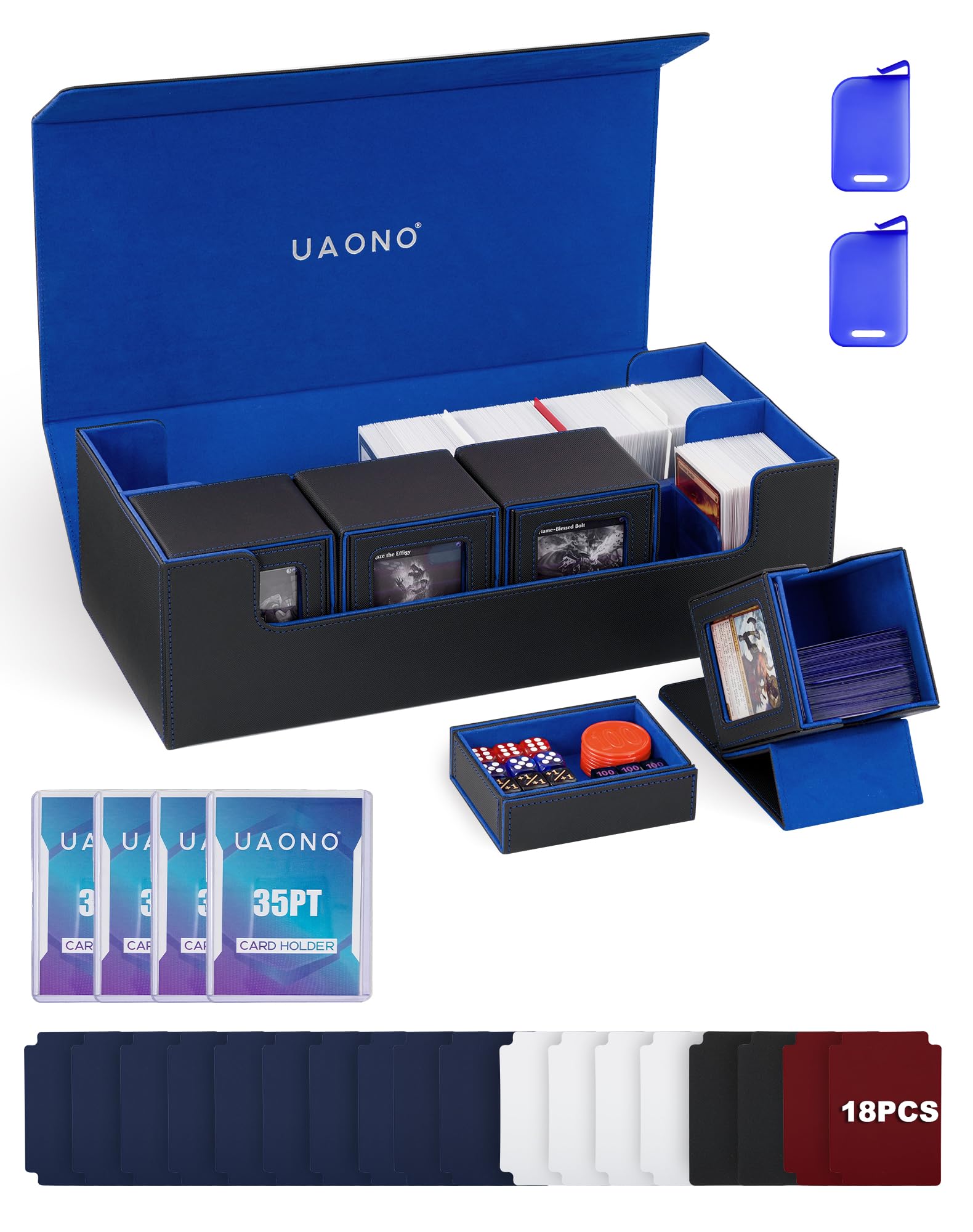 UAONO Card Storage Box for Trading Cards, 5 in 1 Card Deck Case with 4 Pcs Small Commander Deck Box, Large Card Box for MTG/TCG/PTCG Magic Sports Cards Game Playmat (Black, Blue)
