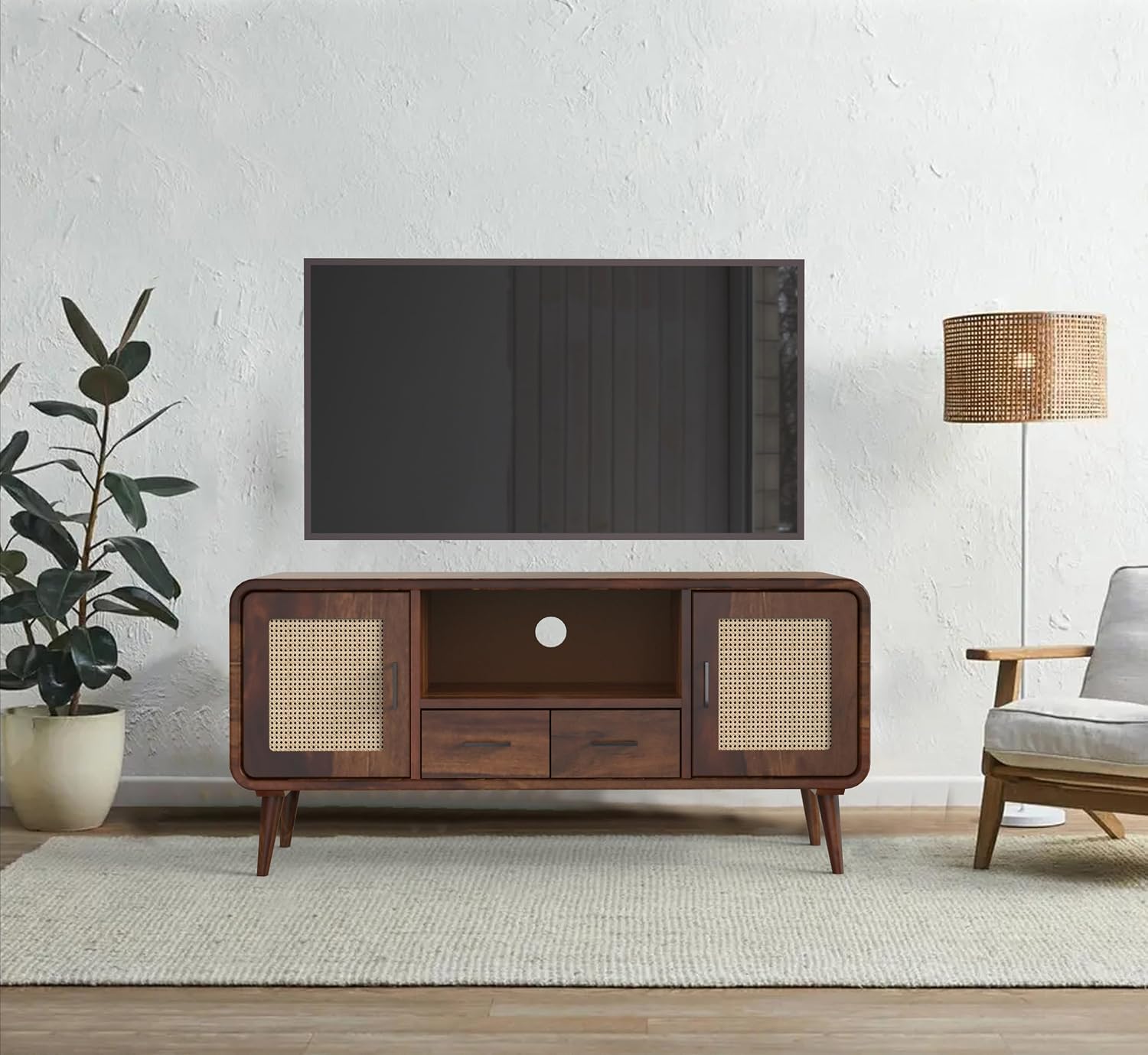 Sheesham Wood TV Entertainment Unit with Cane Inlay Tv Stand with 2 Doors + 2 Drawers and 1 Open Shelf Storage for Living Room, Bedroom Fits Up to 55" TV-image-43