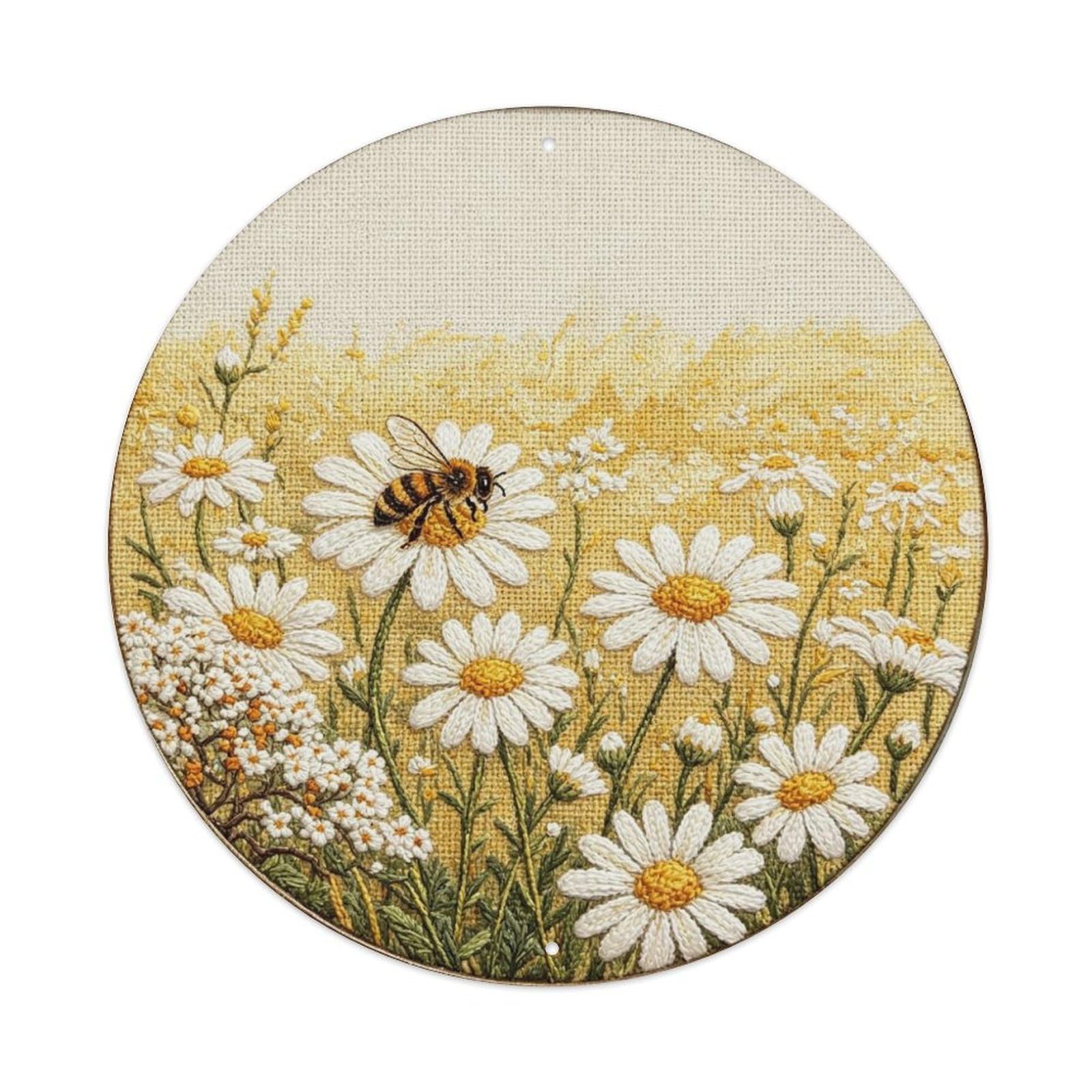Honey Bee Daisy Embroidery Metal Tin Sign Plaque