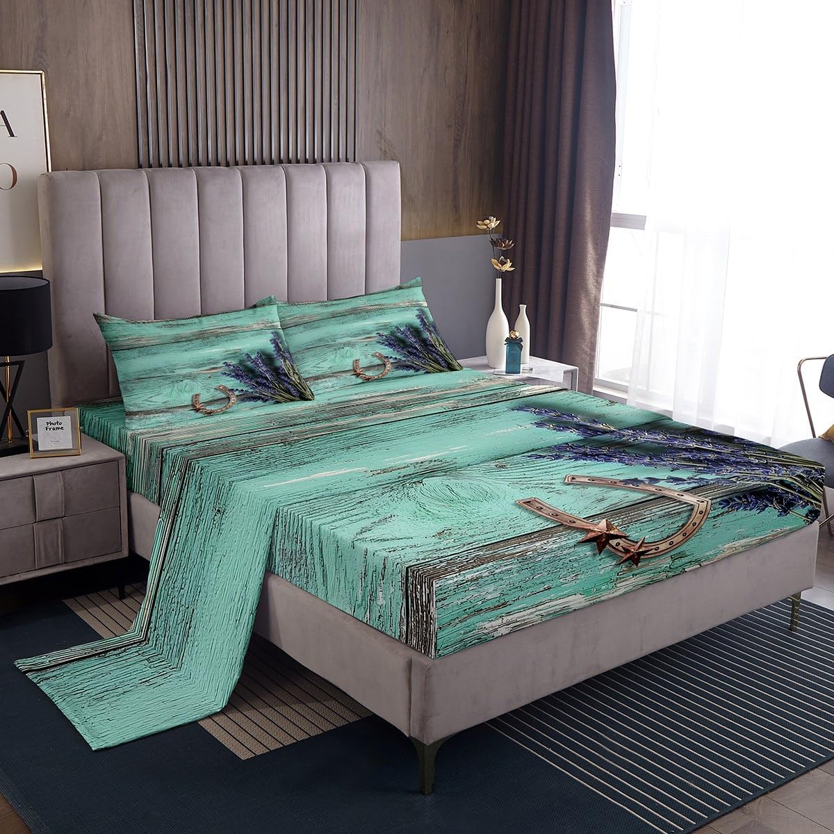 Western Sheet Set Farmhouse Texas Stars Horseshoe Bedding Sheets Queen Teal Rustic Wooden Barn Door Lavender Bed Sheets For Cabin Lodge,Cowboy Cowgirls Fitted Sheet + Flat Sheet + 2 Pillow Cases