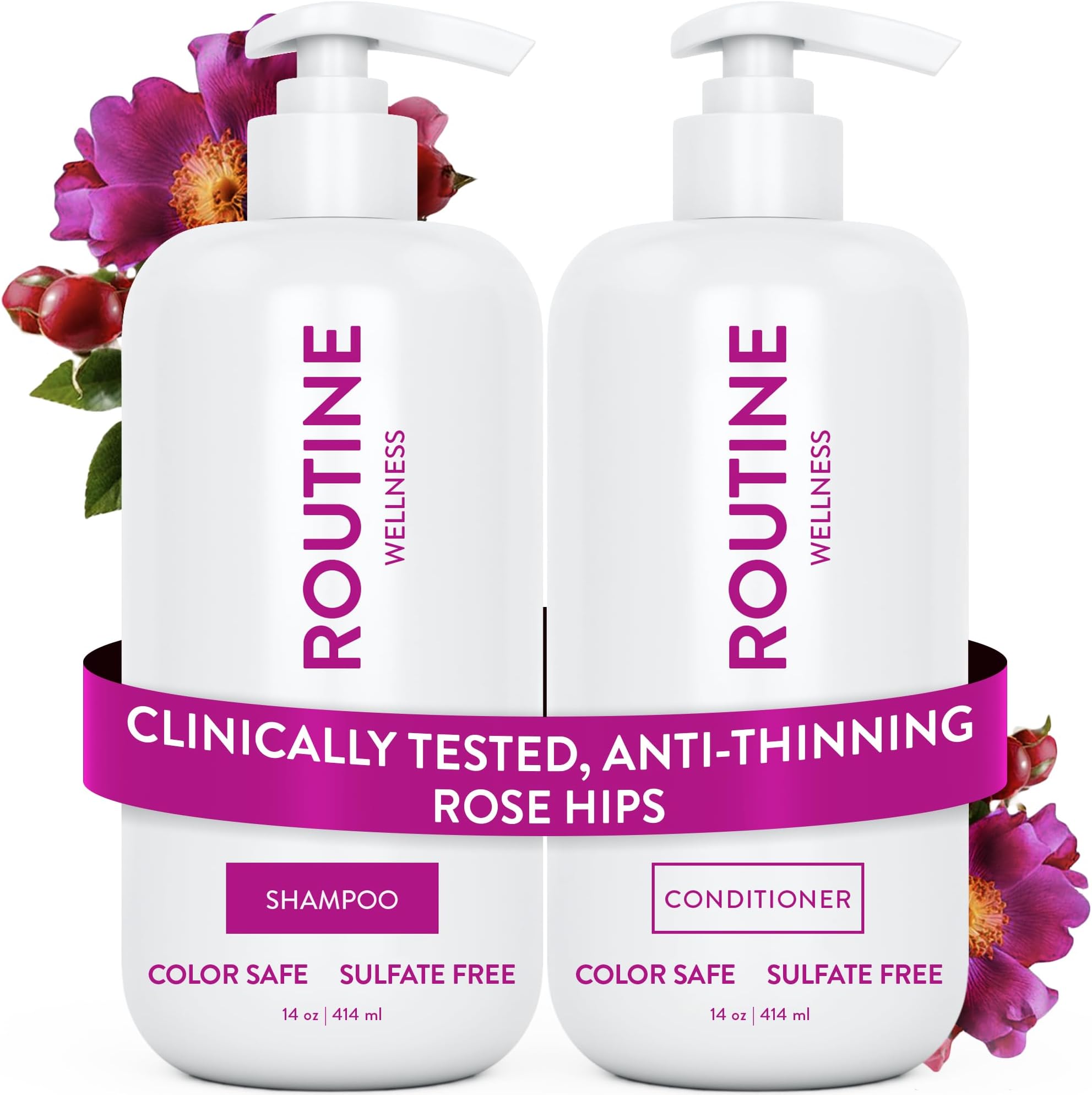 Anti-Thinning Shampoo & Conditioner - Rose Hips | Clinically tested shampoo for thinning hair with biotin, pea peptides, saw palmetto oil, color safe, sulfate free