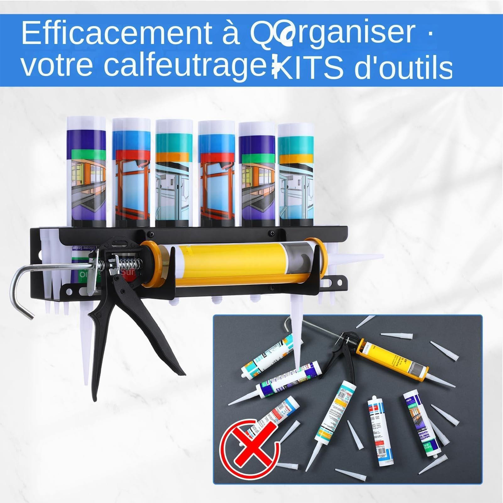 Support Mural Cartouche Silicone, Support Cartouche Silicone Utilitaire | SupportDe Rangement Pour Tube De Calfeutrage, Tube De Calfeutrage Et Porte Pistolet Contient 6 Tubes Et Une Buse DeCalfeutrag