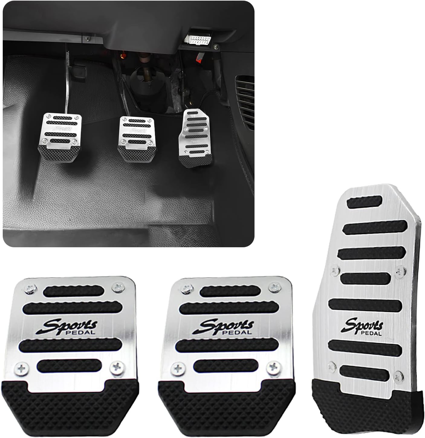jeseny 3 PCS Car NonSlip Aluminum Alloy Pedal Pads, Manual/Automatic Gearbox Gas Pedal Brake