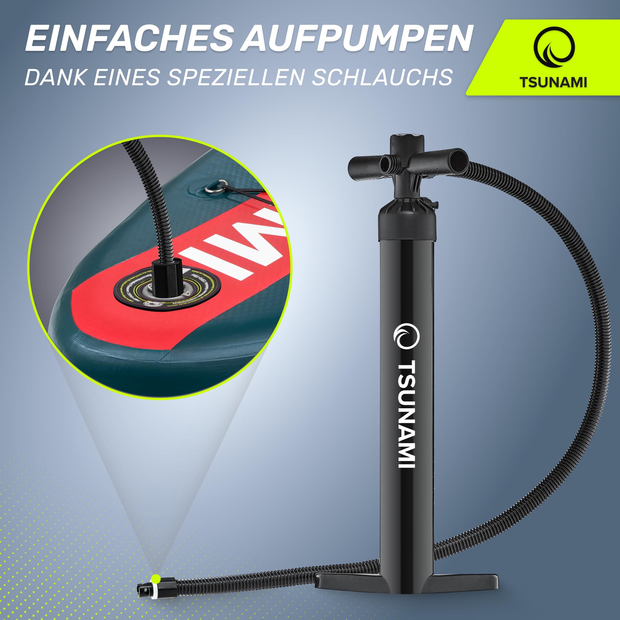 Tsunami SUP-Handpumpe, max. 2 bar (29 PSI), High Big Volume, Doppelt wirkende, Luftpumpe, Hochdruck-Superpumpe für Kajak, Dingy Boote, Paddelboard, Schlauchboot SUP und Stand Up Paddle Board