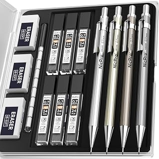 Nicpro MB1000 4-Pack 0.7mm Metal Mechanical Pencils with Case, HB Lead Refills & Erasers for Drafting, Sketching, Drawing