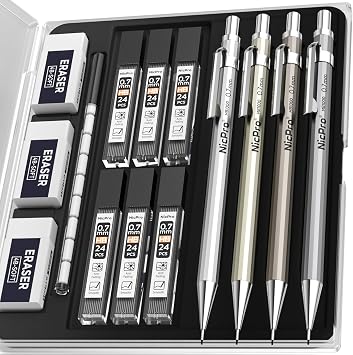 Nicpro 4 Pack Mechanical Pencil 0.7mm, MB1000 Metal Mechanical Pencil Set