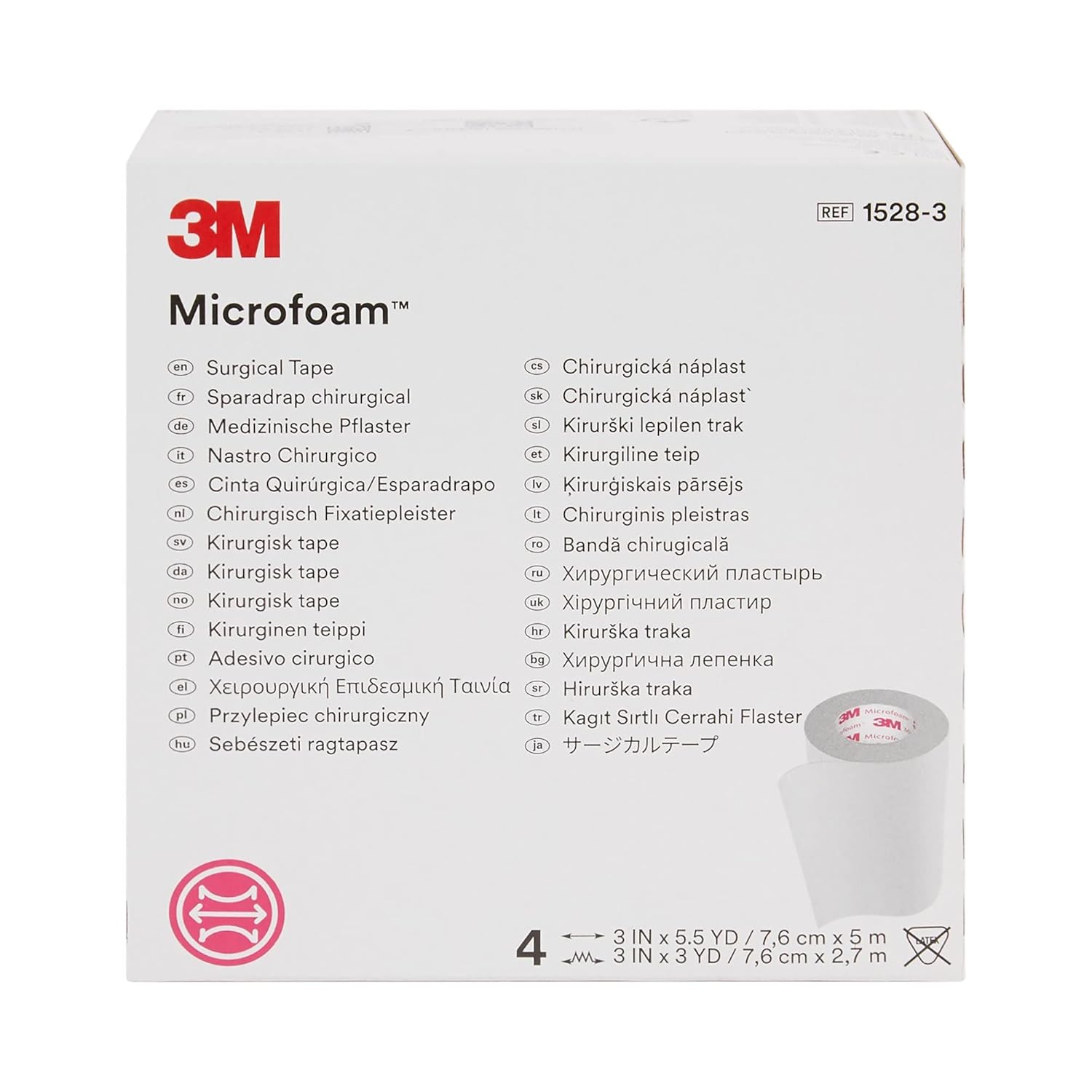 3M Microfoam Surgical Tape 3" x 5.5 Yd 1528-3, 2 Boxes, 4 Rolls/Box