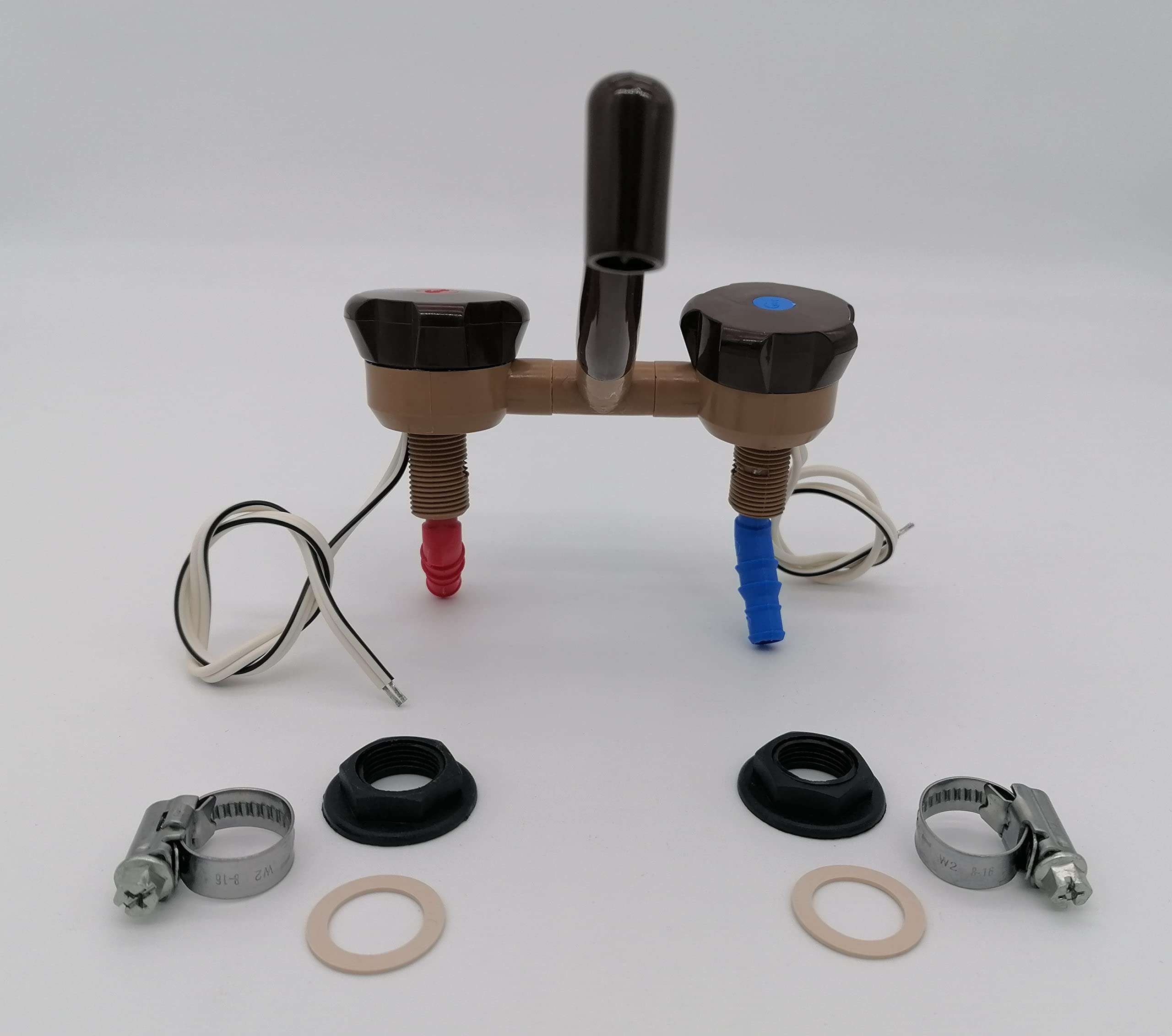 CR-MOESANCO® Rubinetto Miscelatore NOVO Marrone con Doppio Ingresso e 2 Morsetti per Caravan, Camper o Barca, Presa Acqua 10 mm