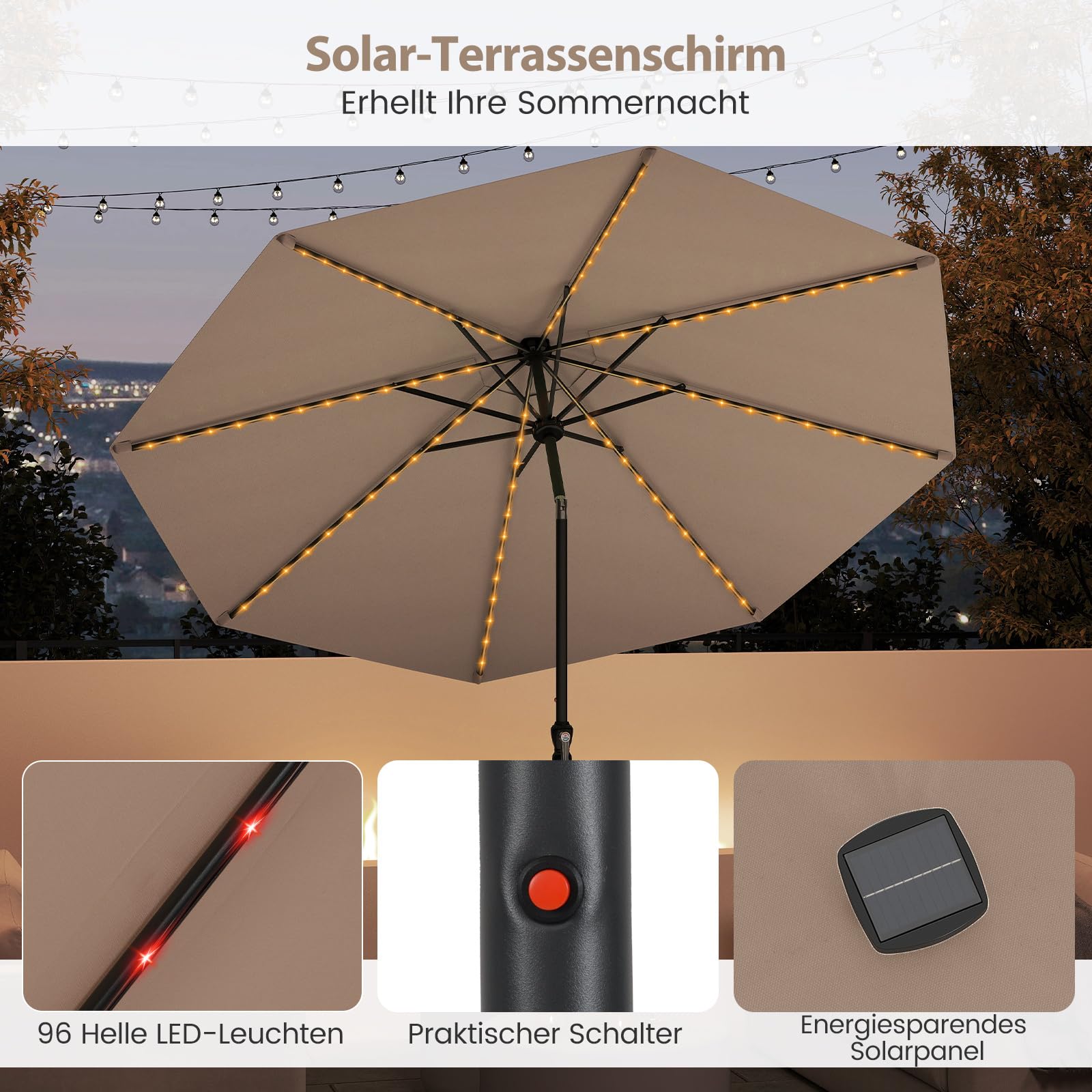 COSTWAY Parasol przeciwsłoneczny 300 cm z oświetleniem solarnym LED, 9 trybów oświetlenia, parasol ogrodowy z korbą, obustronnie zginany o 35°, parasol tarasowy, do ogrodu, na balkon, taras