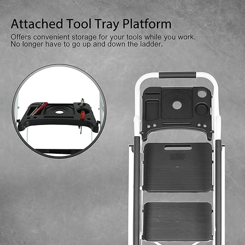 Miniatura 3 de Escalera de 5 escalones con pasamanos, taburete plegable con plataforma de bandeja de herramientas, 330 libras de mano de obra portátil para adultos