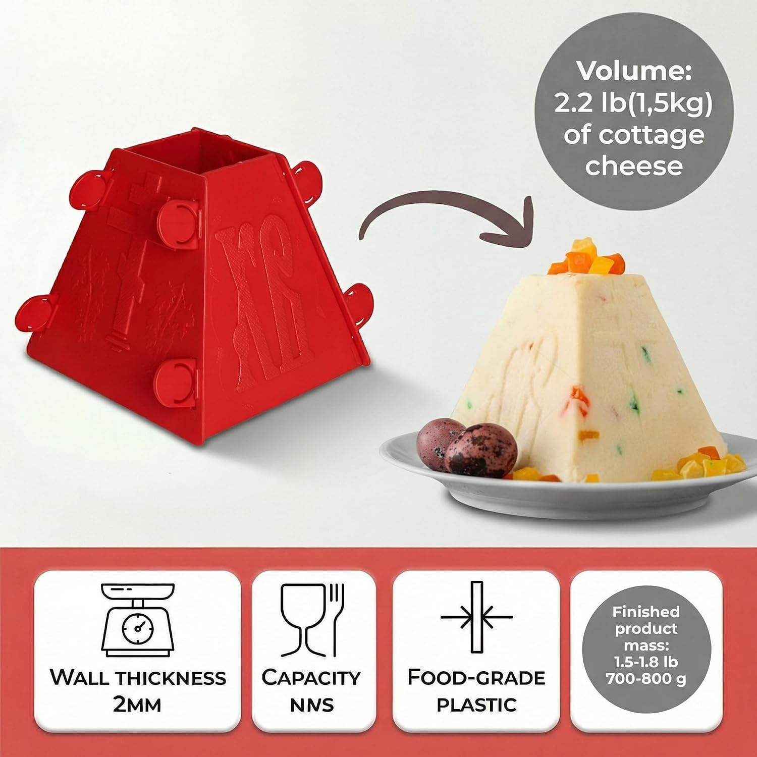 Red Pascha Mold Cottage Plastic Easter Cheese Mold Form – 1.1lb (Inner Size 1.9" x 4.3" x 4.3") 0,5kg – Decorative Russian Paska Pascha Paskha Mold for Homemade Easter Decorations & Festive