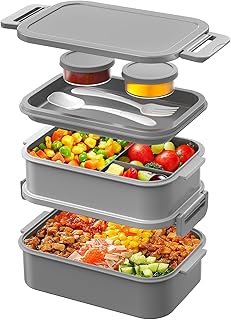 WayEee Lunch Box Adults,2130ml Large Capacity Bento Lunch Box with Compartments, 3 Layers Leak-Proof Bento Box for Office, School(Grey)