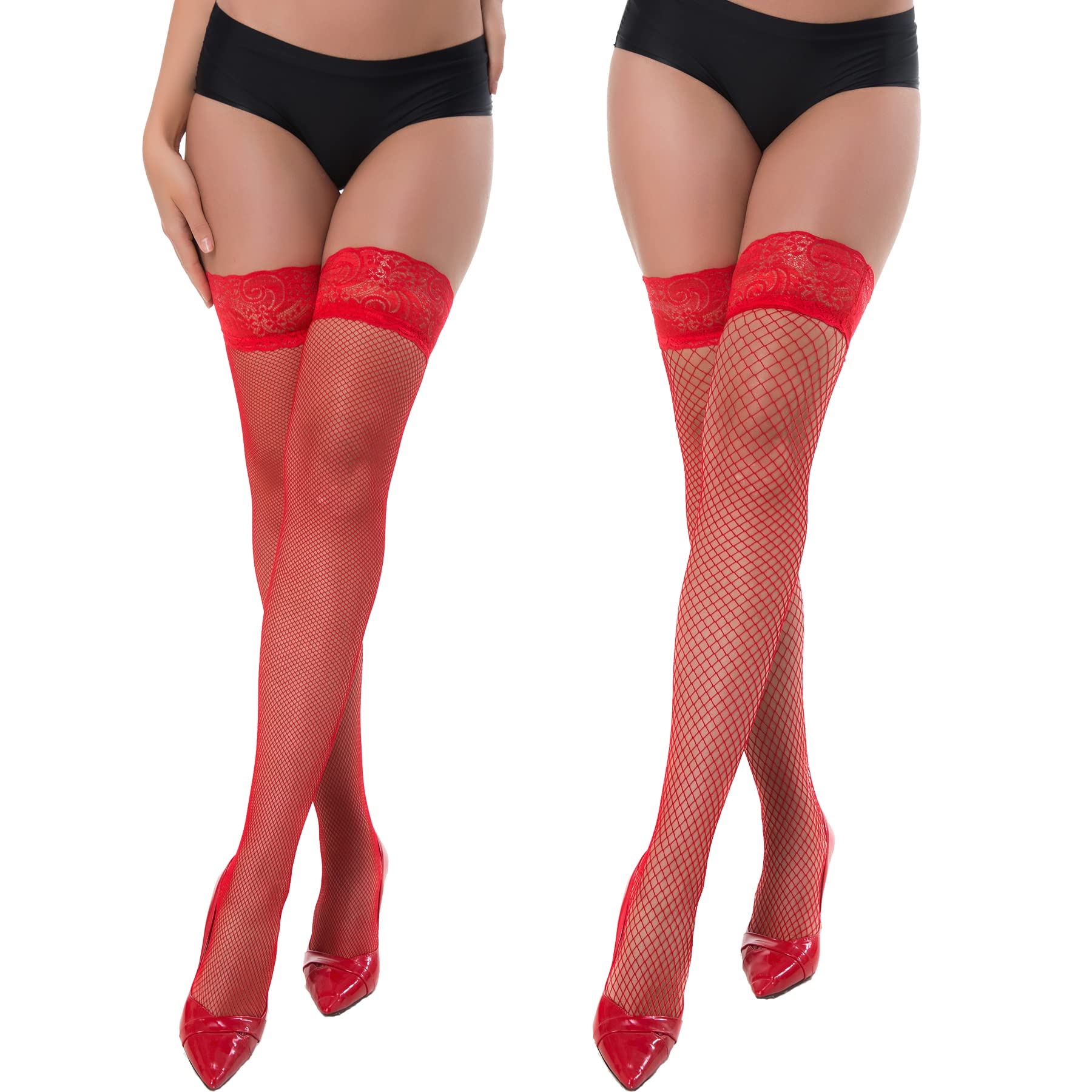 SOUTHRO Fishnet Thigh High Stockings for Women 2 Pairs, Lace Top Stay Up
