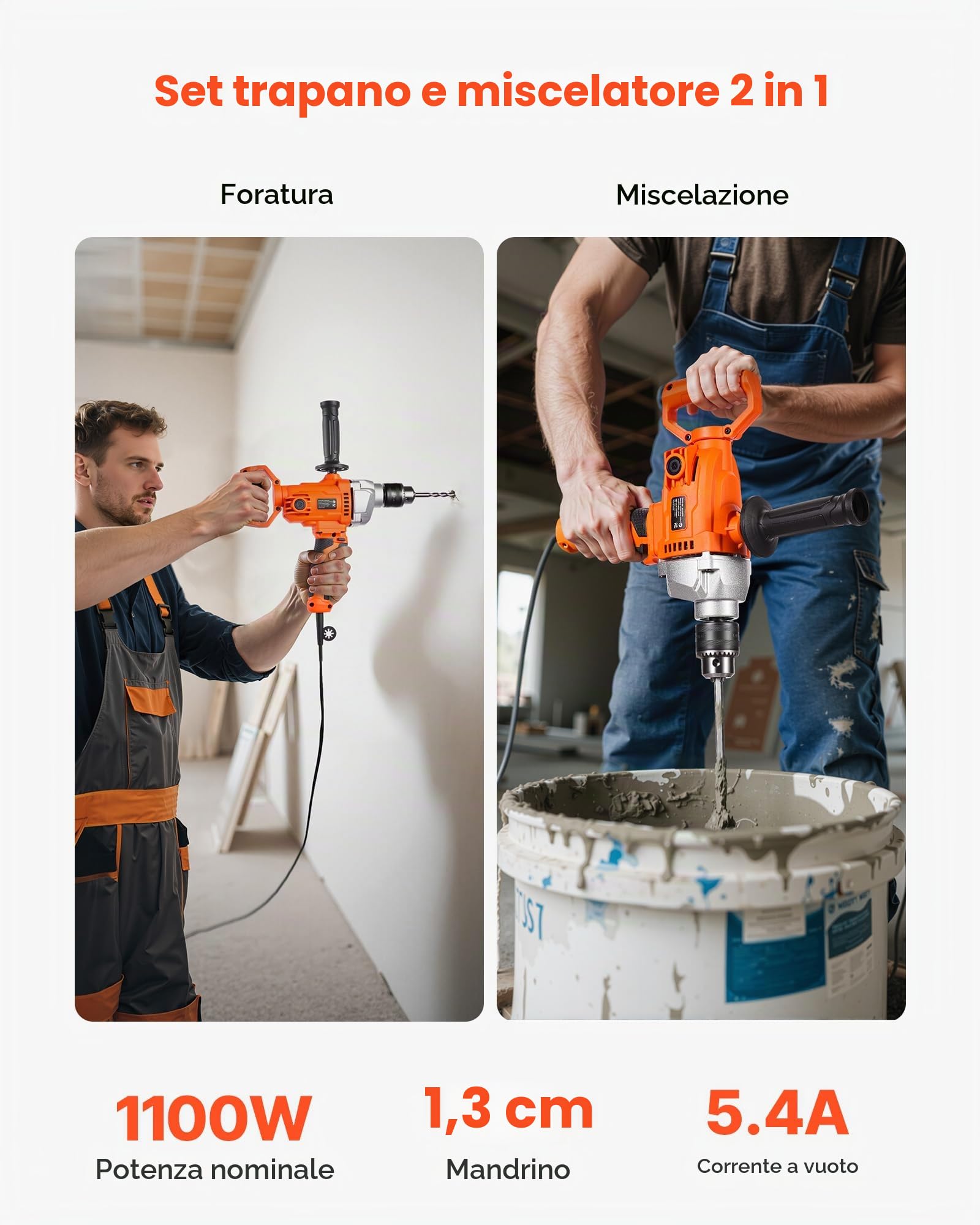 VEVOR Trapano Miscelatore Elettrico 12,7 mm 1100 W con Agitatore per Miscelazione 850 giri/min 3,2 A Trapano Miscelatore con Impugnatura a D per Foratura e Miscelazione per Cemento
