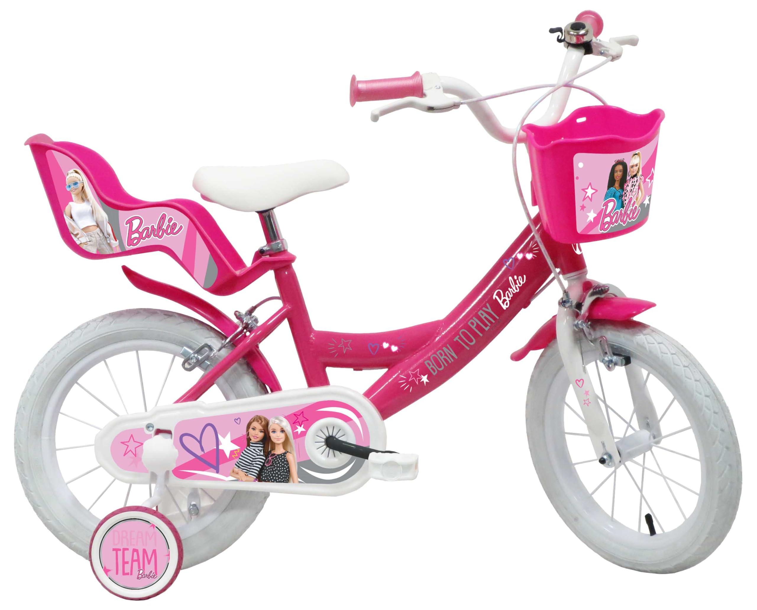 MATTEL Barbie 14'' Kinderfahrrad 2 Bremsen, hinterem Kopfplattenträger und Vorderradkorb