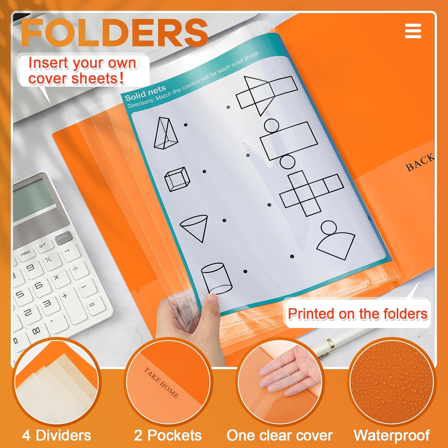 Henoyso 24 Pcs Orange School and Home 2 Pocket Folders with 4 Clear Inner Pockets Plastic Heavy Duty Homework Folders Parent Teacher Communication for Student Home Office Classroom,11 x 9 Inch