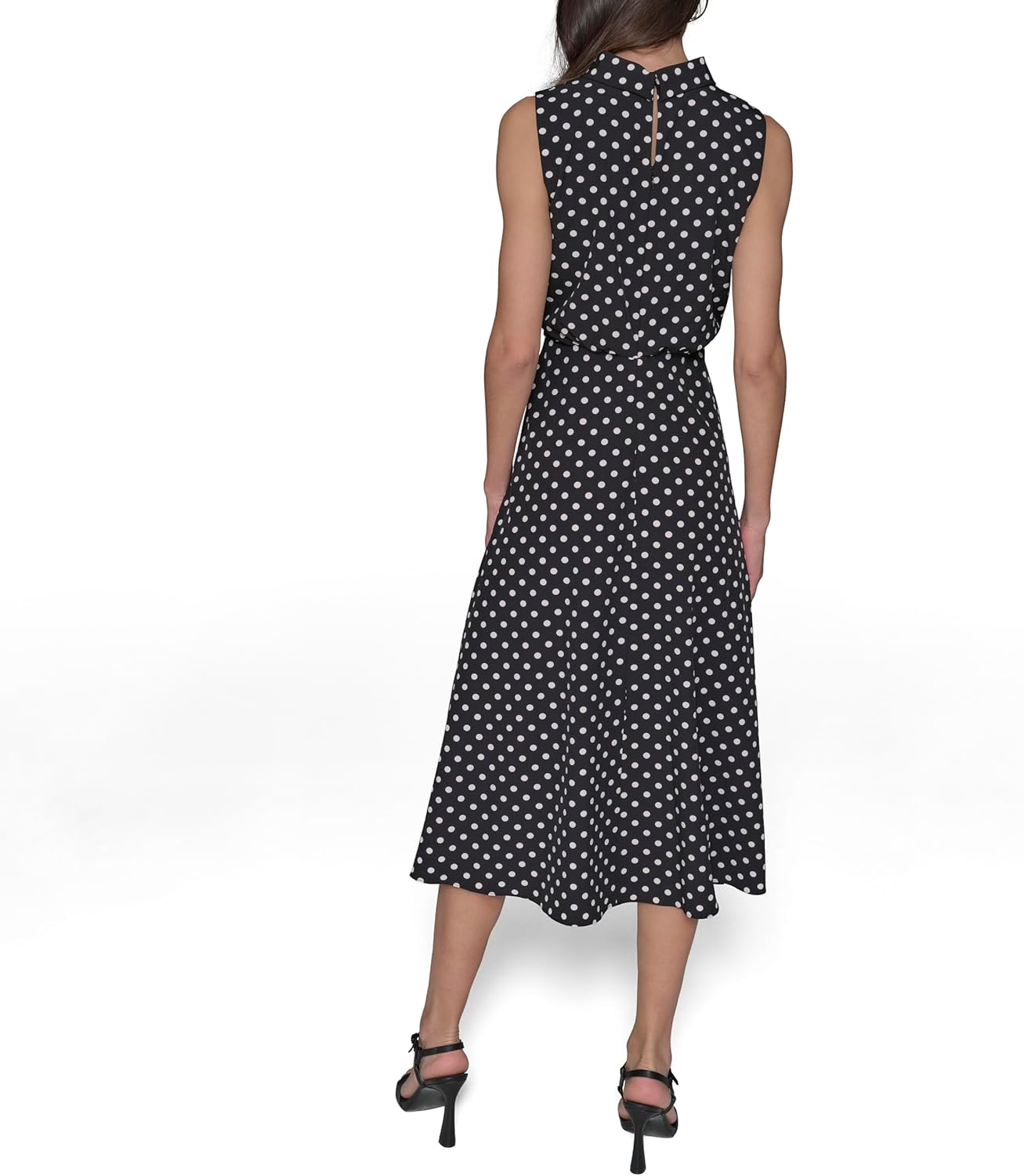 KARL LAGERFELD Paris Women's Mock Neck Patterned Contrasting Colors Midi Dress, Chambray Blue/Sunset Coral Multi - Image 4