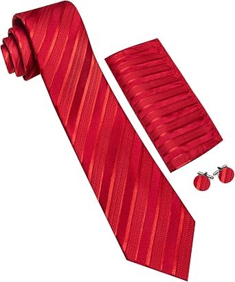 Barry.Wang Tie Sets for Men Silk Stripe Necktie Woven Checkered Handkerchief Cufflinks Formal Business Wedding