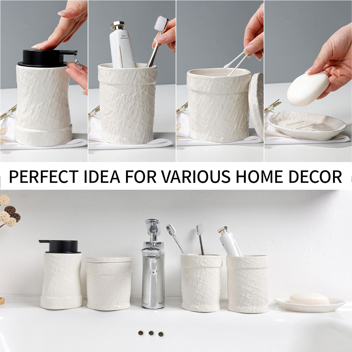 White Bathroom Accessory Set 5PCS, Ceramic Bathroom Accessories Set, Minimalist Textured Design Liquid Soap Dispenser Set Complete, Home Bathroom Decor Vanity Countertop, ANTIS'S HOME