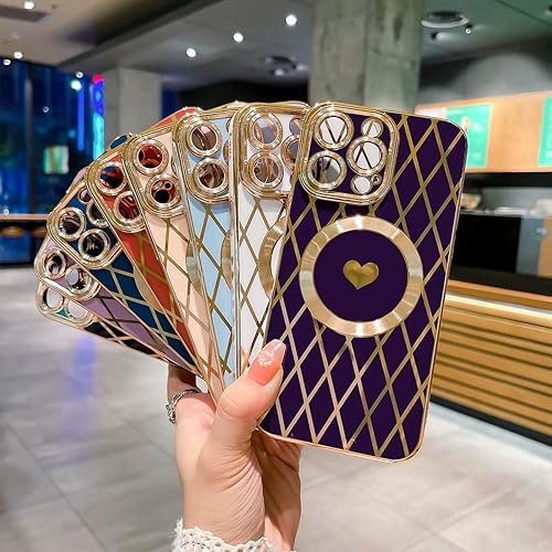 Miniatura 6 de Funda para iPhone 14 Pro Max compatible con MagSafe, funda suave de lujo para teléfono con corazón de rombo, protección completa de lente de cámara,