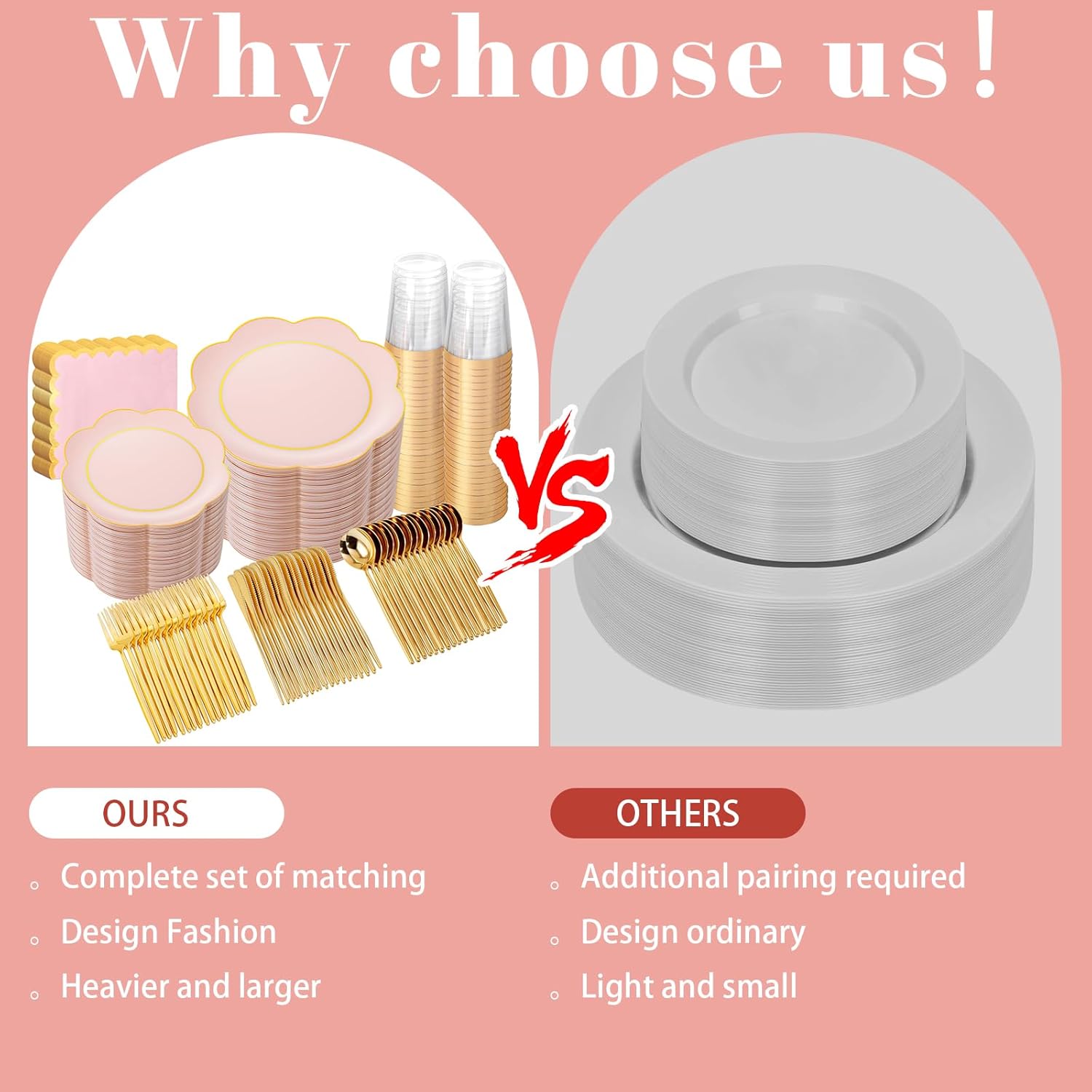 WONDERFUL 350PCS Pink Plastic Plates for Party Plates Disposable Heavy Duty Pink Gold Wedding Plate High End Plastic Dinnerware Sets for 50 Guests - Plate and Cups and Wedding Napkins Sets Large Party - Image 8