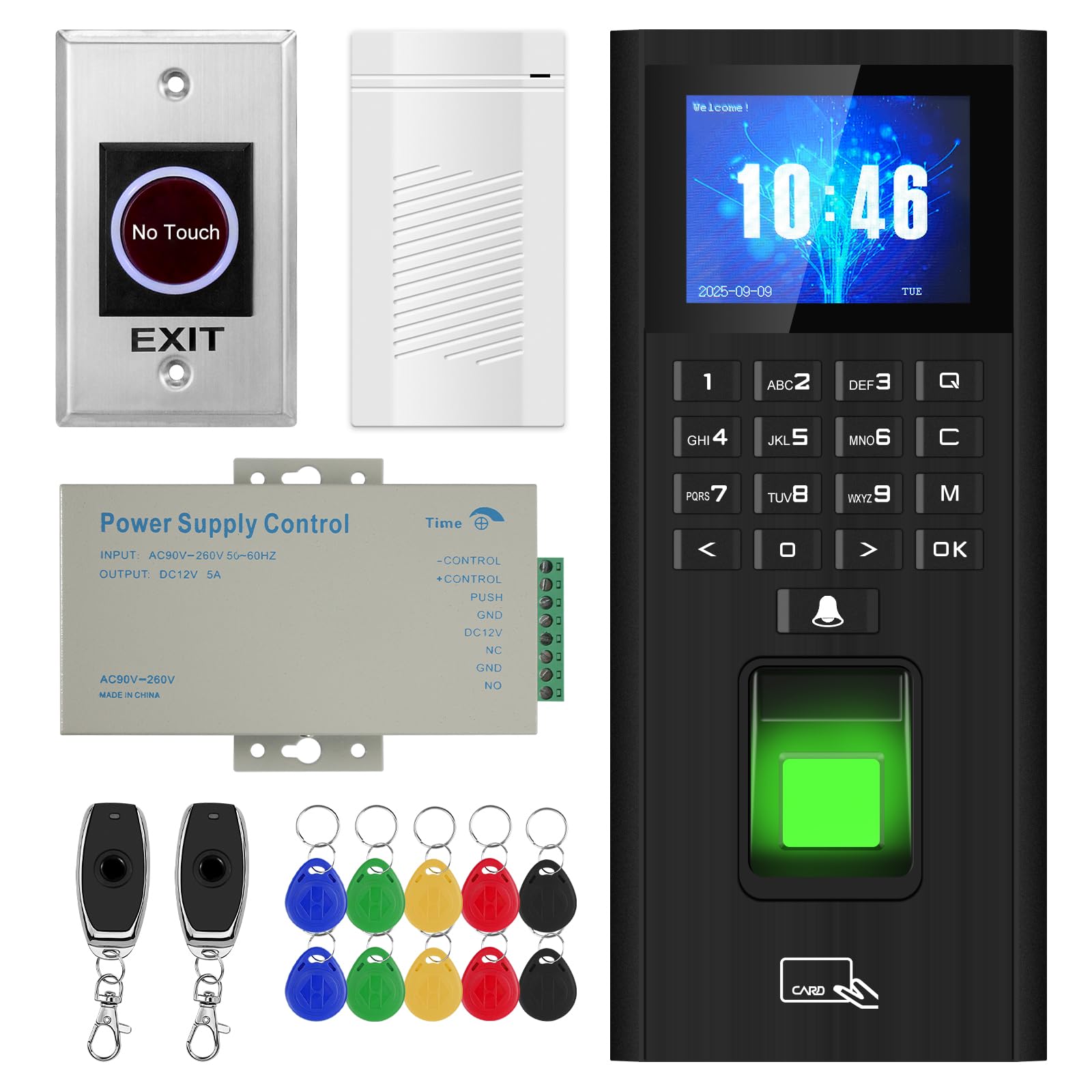 Terminal de control de acceso de huellas dactilares con reloj de tiempo, contraseña y controlador de acceso de tarjeta, pantalla HD de 2.4 pulgadas, cerradura de puerta con teclado T9, abridor