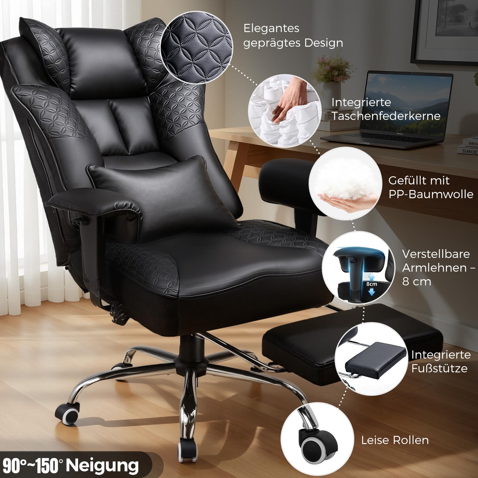 GTPLAYER Gaming Stuhl, Bürostuhl mit Fußstütze Chefsessel Schreibtischstuhl mit Taschenfeder-Kissen Ergonomischer bis 200kg, PU-Leder Höhenverstellbar Home Office Gaming Sessel, Schwarz