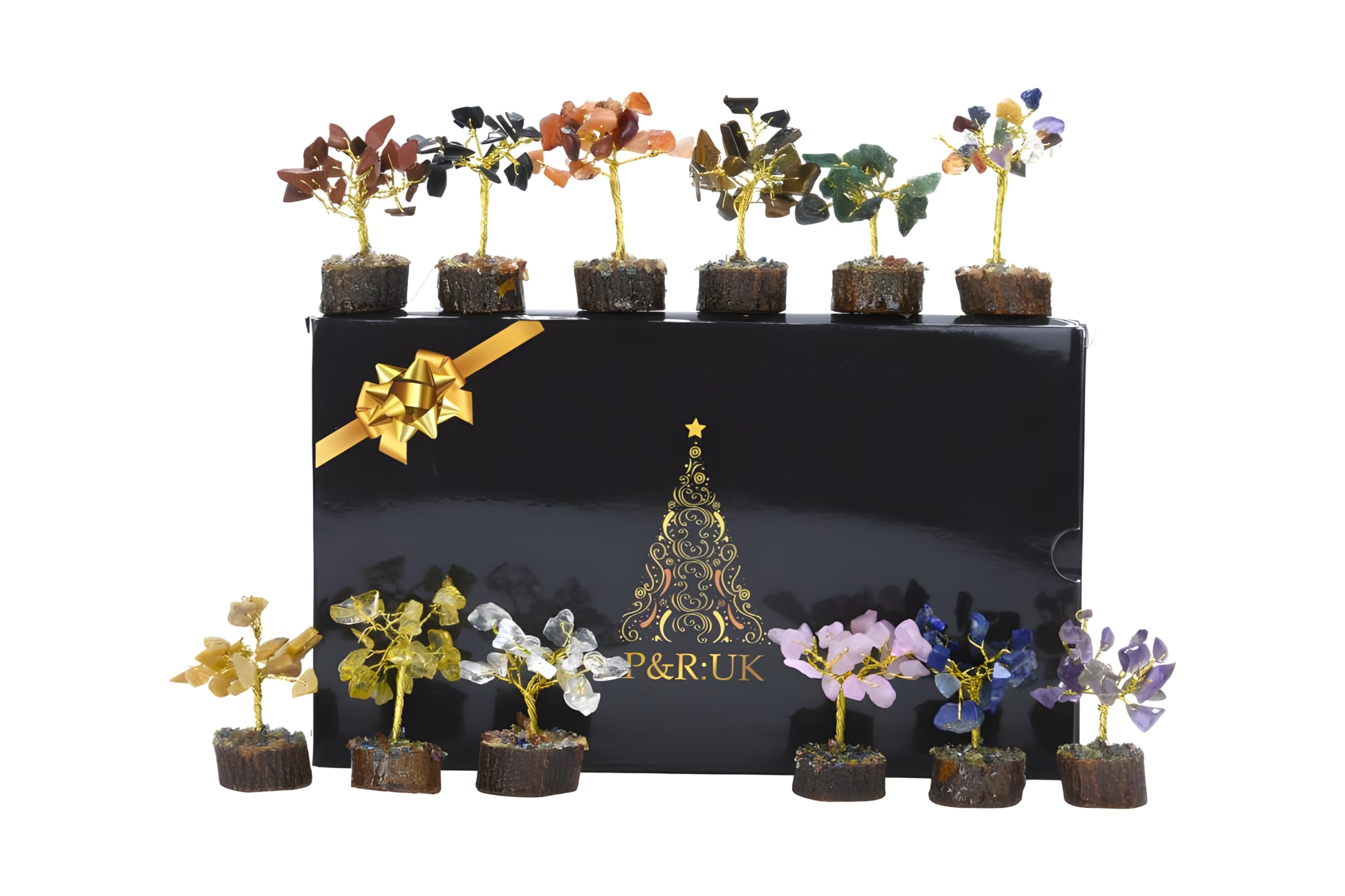 P&R:UK Crystal Tree of Life Set of 12 – Mini Gemstone Bonsai Trees for Desk Decor, Healing Crystals & Stones, Positive Energy Gifts, Good Luck Feng Shui Decor