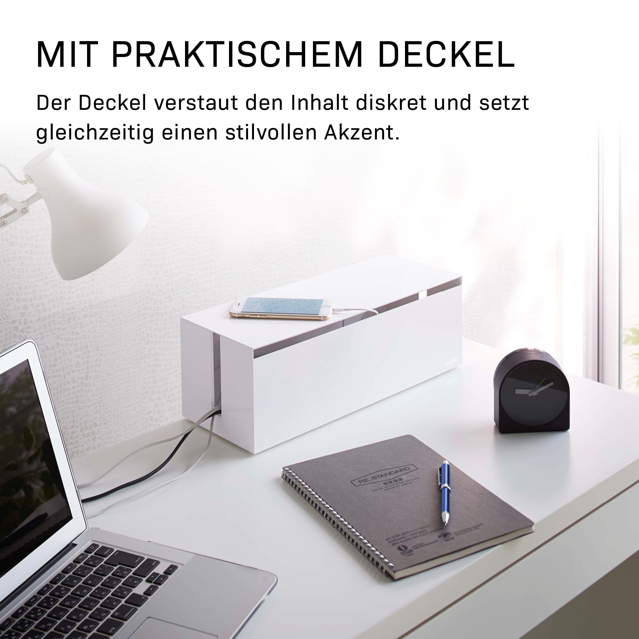 Yamazaki Web Kabelbox aus PC-ABS-Harz - mit Deckel, für Kabel/Steckdosenleisten/Ladekabel, modern - 15,5 x 40 x 14,5 cm, Japanisches Design, weiß