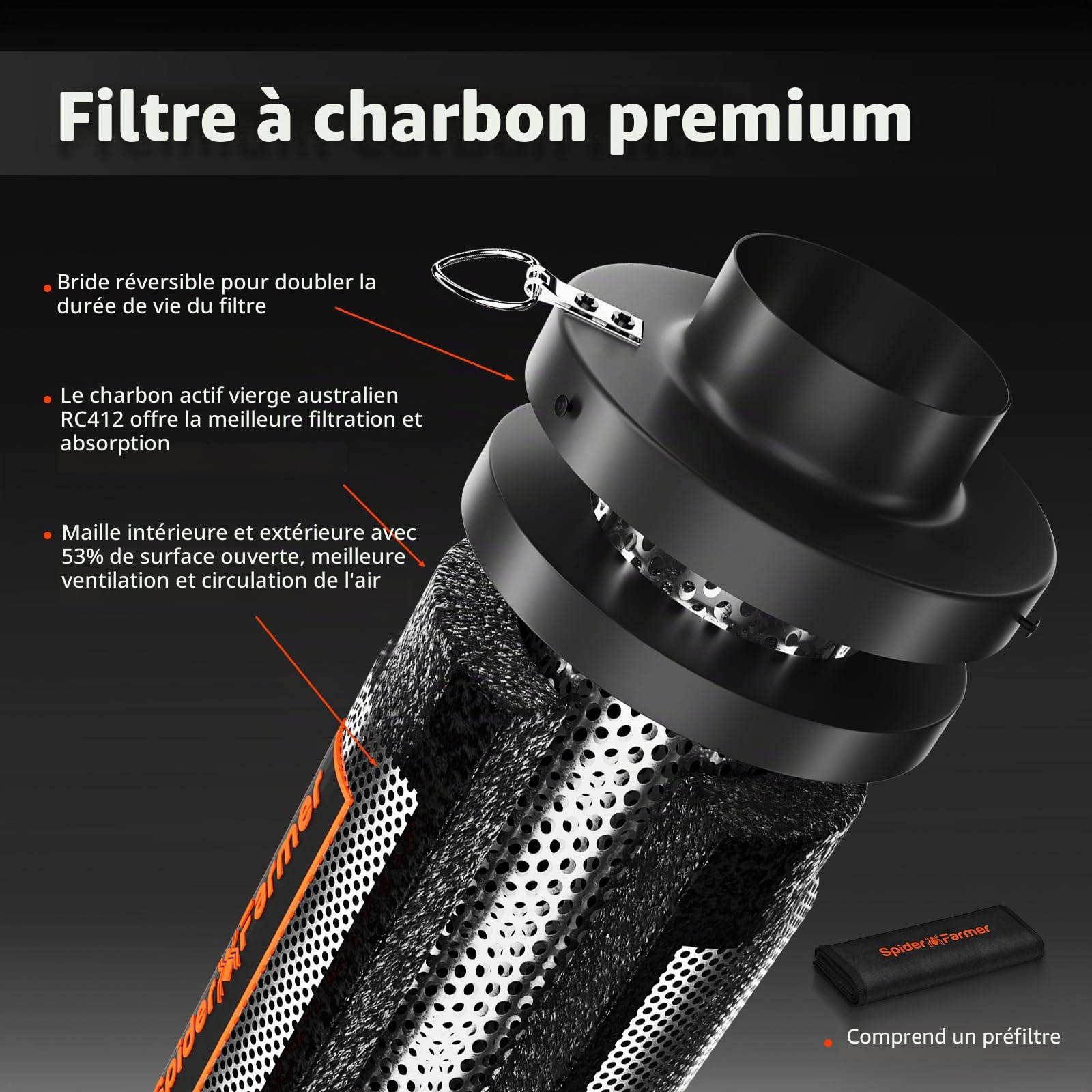 SPIDER FARMER Kit de conduits de filtre à charbon pour ventilateur en ligne de 15,2 cm, ventilateur d'échappement avec régulateur de température et d'humidité pour culture hydroponique