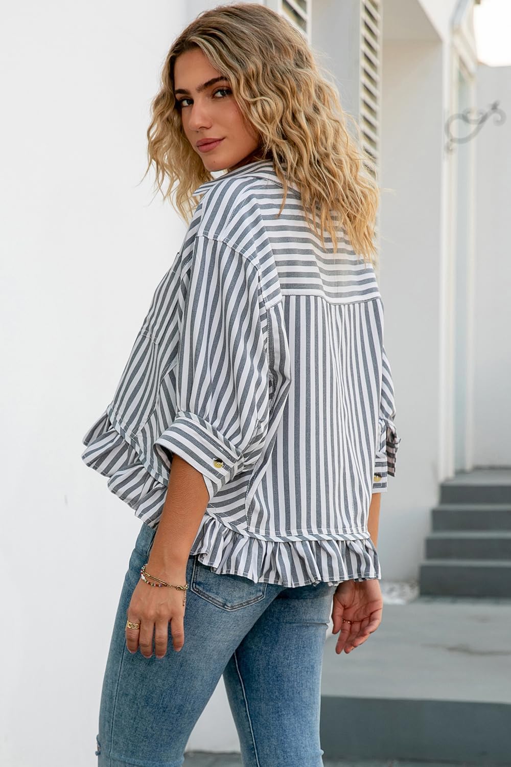 CHYRII Womens Summer Tops Dressy Casual Blouse Top Ruffled Short Sleeve Button Down Striped Shirt - Image 2