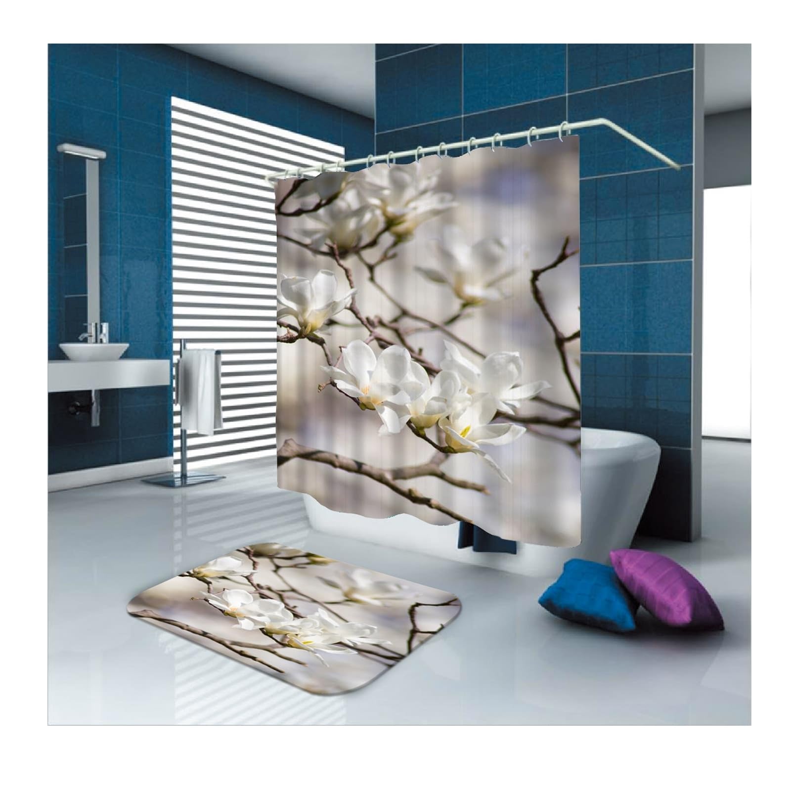 Rideau de douche blanc floral 150x180 cm en tissu polyester imperméable