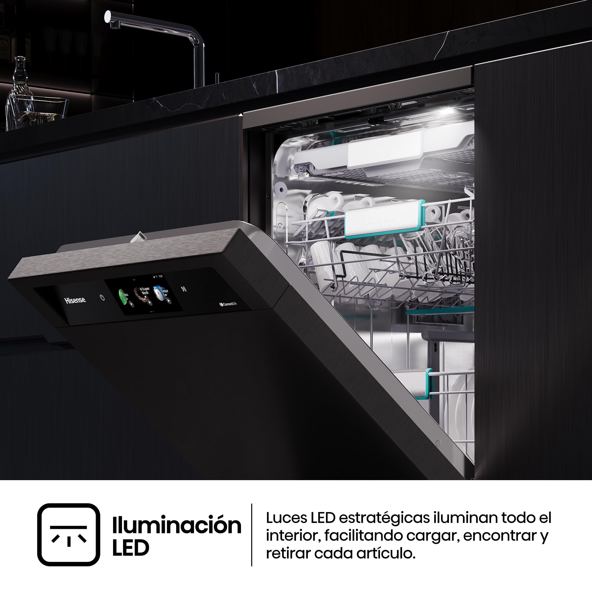 Hisense HS693A90ADBX - Lavavajillas Clase A, 16 Servicios, Fondo 60cm, Pantalla TFT Vision Plus 6.86", Super Wash IA, Programa ECO IA, Secado All Dry, Media Carga Auto, Tercera Bandeja, Inox