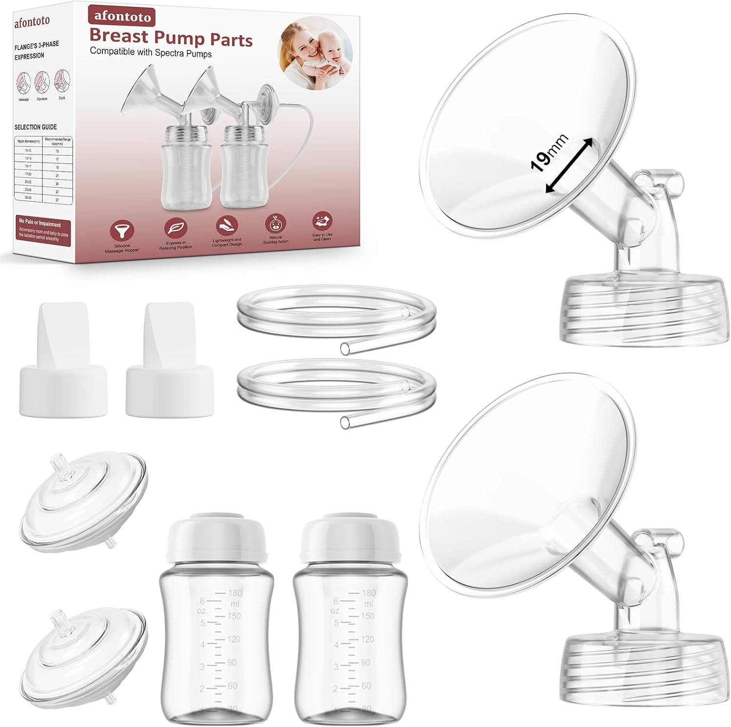 Pump Parts Compatible with Spectra S1/S2/9Plus Breastpump, Full Set Replacement Parts for Spectra Include 19mm Flange,Duckbill Valve,Backflow Protector,Tube,Bottle, Not Original Spectra S2 Accessories