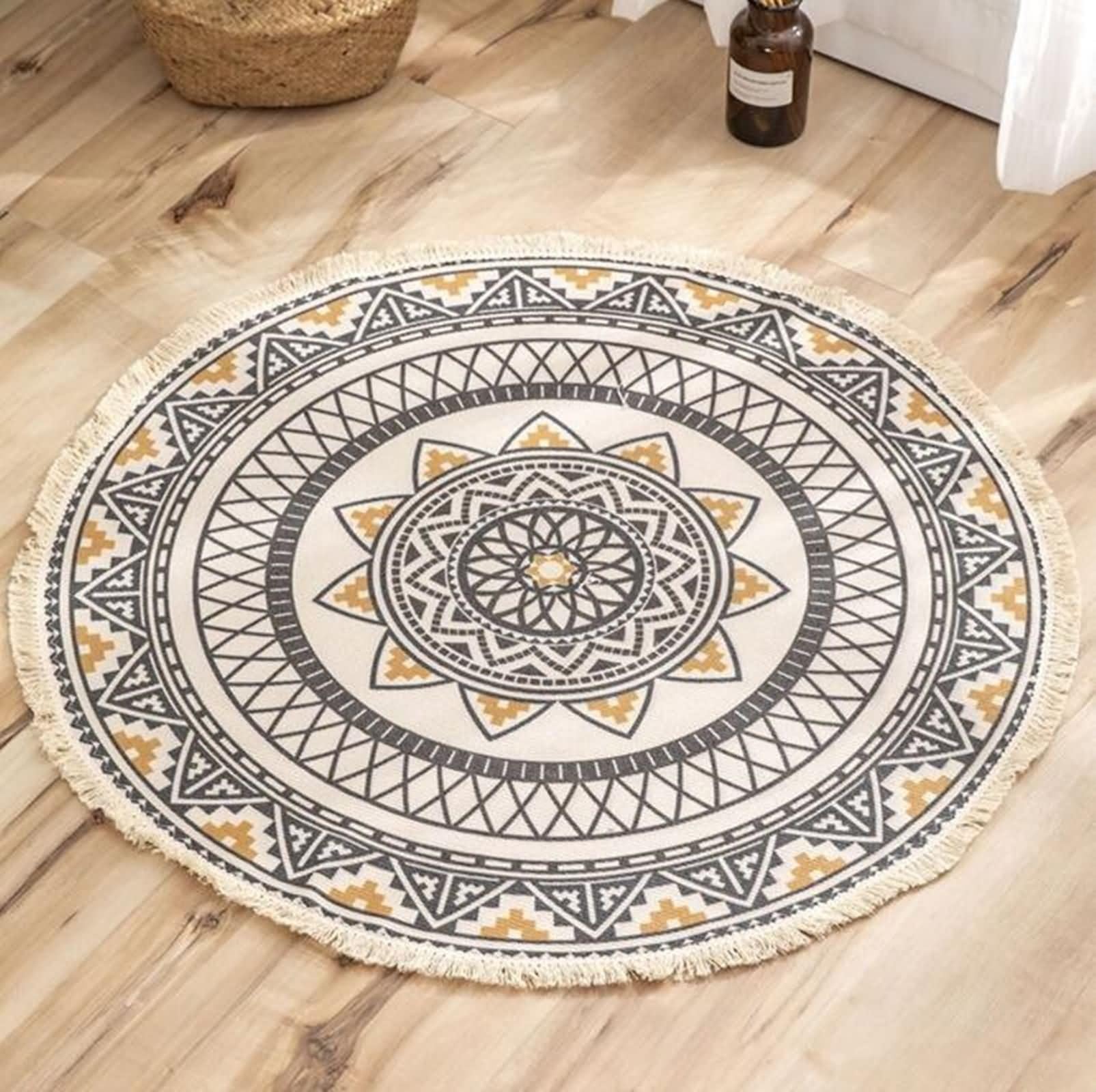 Tapis Descente de Lit 180cm, Tapis Rond Vintage Gris Jaune Motif Imprimé Ethnique avec Pompons Coton