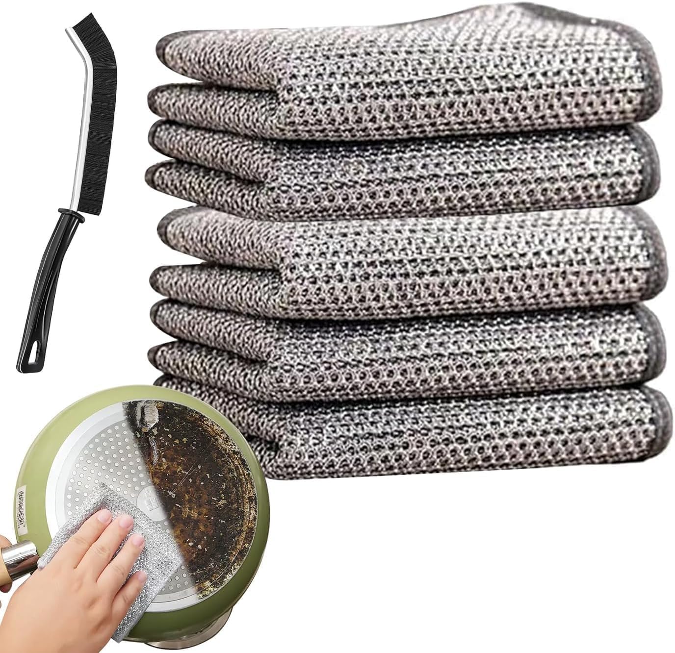 SKYTONE 3 Pack Non-Scratch Wire Dishcloth & Gaps Cleaning Brush, Multipurpose Wire Dishwashing Rags for Wet and Dry,Easy Rinsing,Reusable,Wire Cleaning Cloth for Kitchen,(1 Brush & 2 Cleaning Brush)