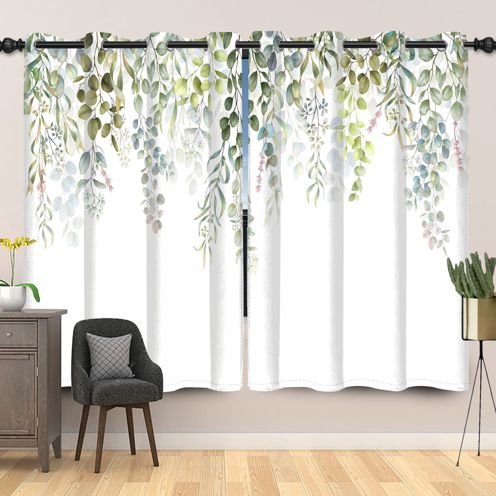 Rideaux occultants blancs eucalyptus fenêtre plante naturelle salon