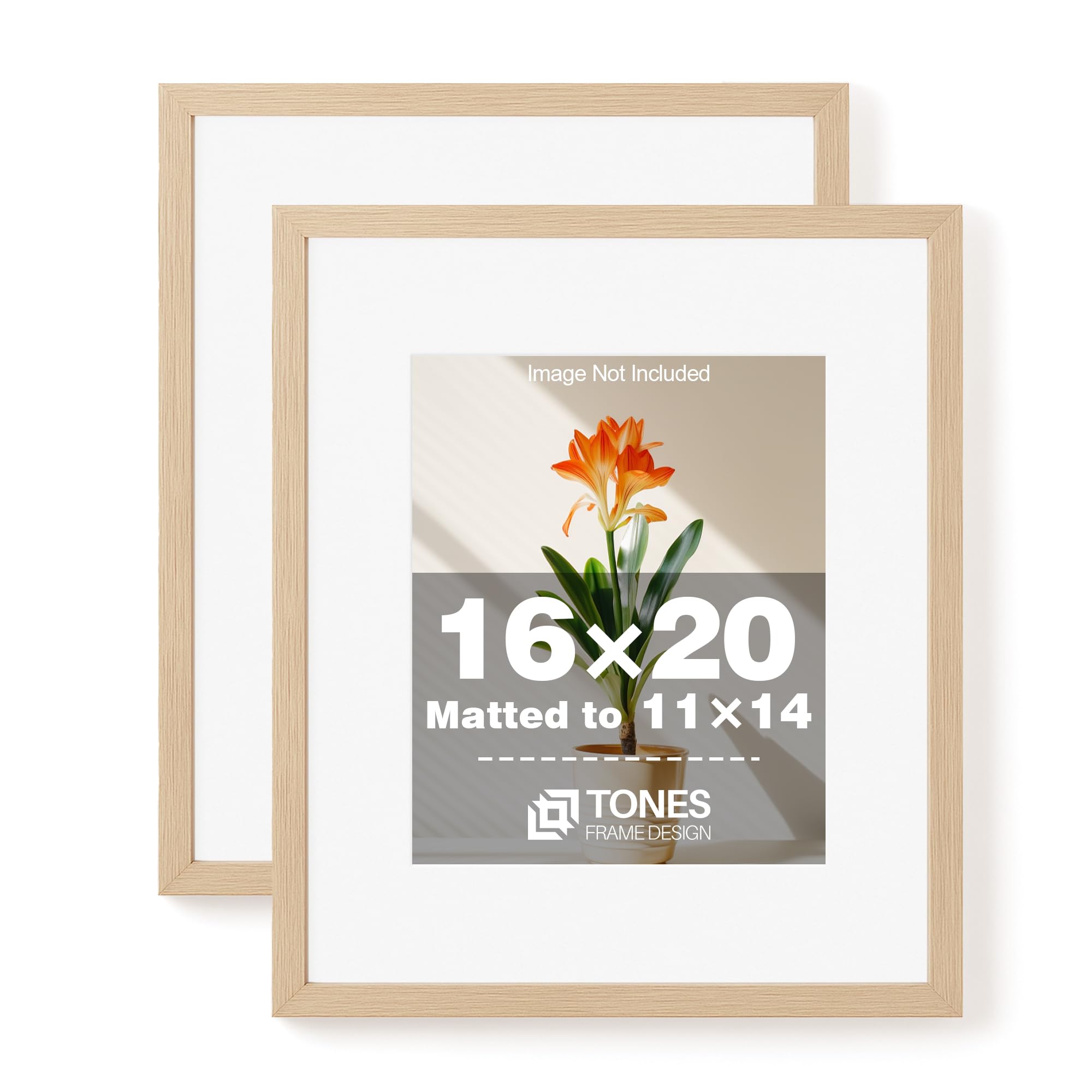 TONES FRAME DESIGN 16x20 Frames Set of 2 Picture Frames 16x20 Matted to 11x14 Natural Solid Wood Veneer Finish with Shatterproof Plexiglass Wooden 16