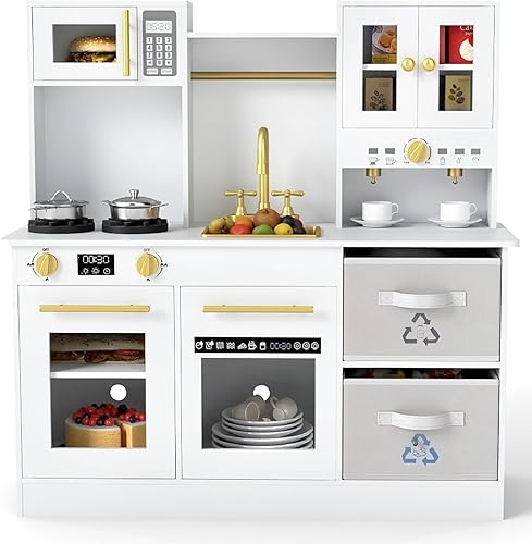 Miniatura 1 de INFANS Juego de cocina para niños, cocina de madera con luces realistas, sonidos, cafetera, lavavajillas, microondas, horno, cajones de tela