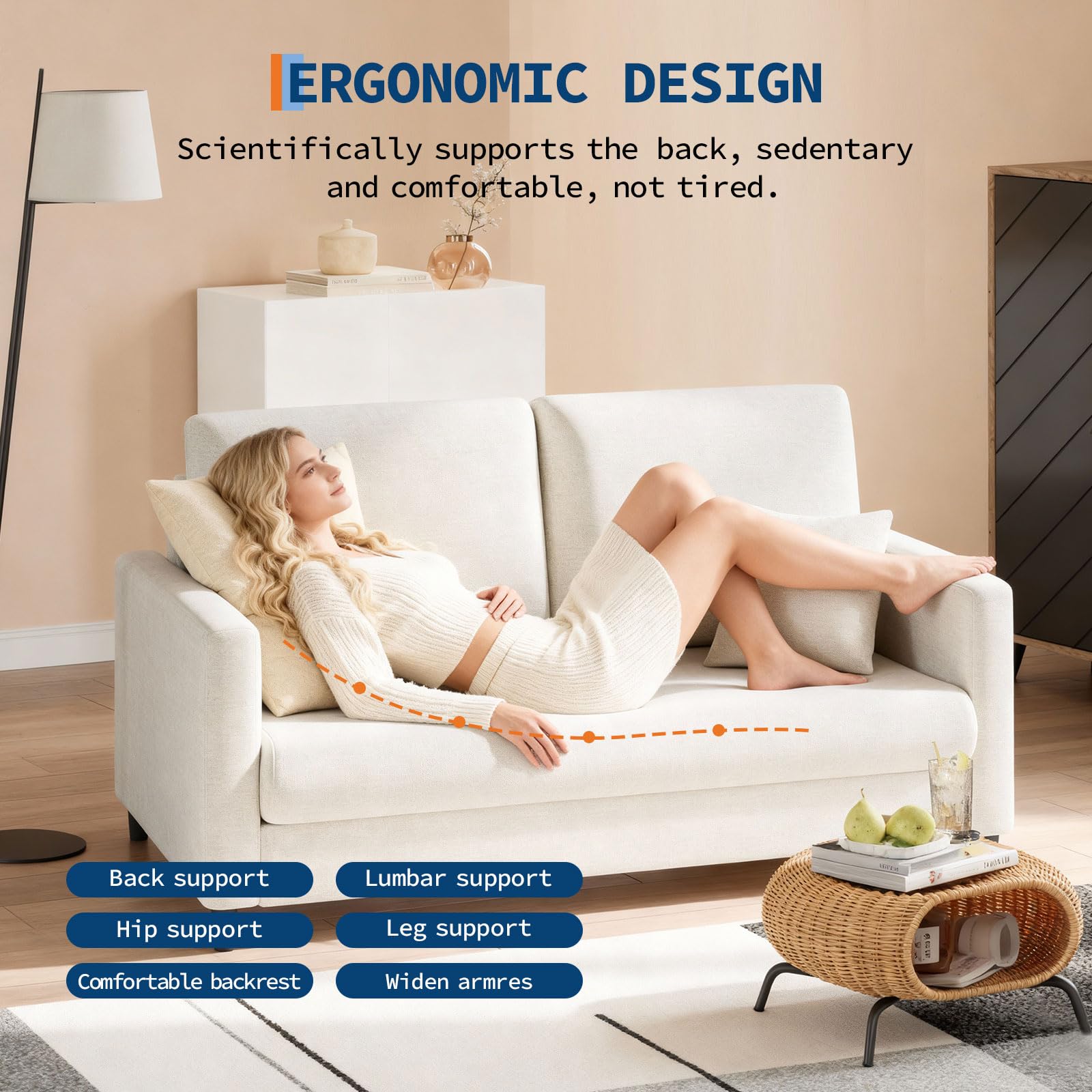 Garvee Mid-Century 2-Sitzer Sofa 132 cm – Kompaktes Loveseat mit Massivholzrahmen, Polstersofa mit Leinenbezug, werkzeuglose Montage, Moderne Couch für Wohnzimmer & Schlafzimmer