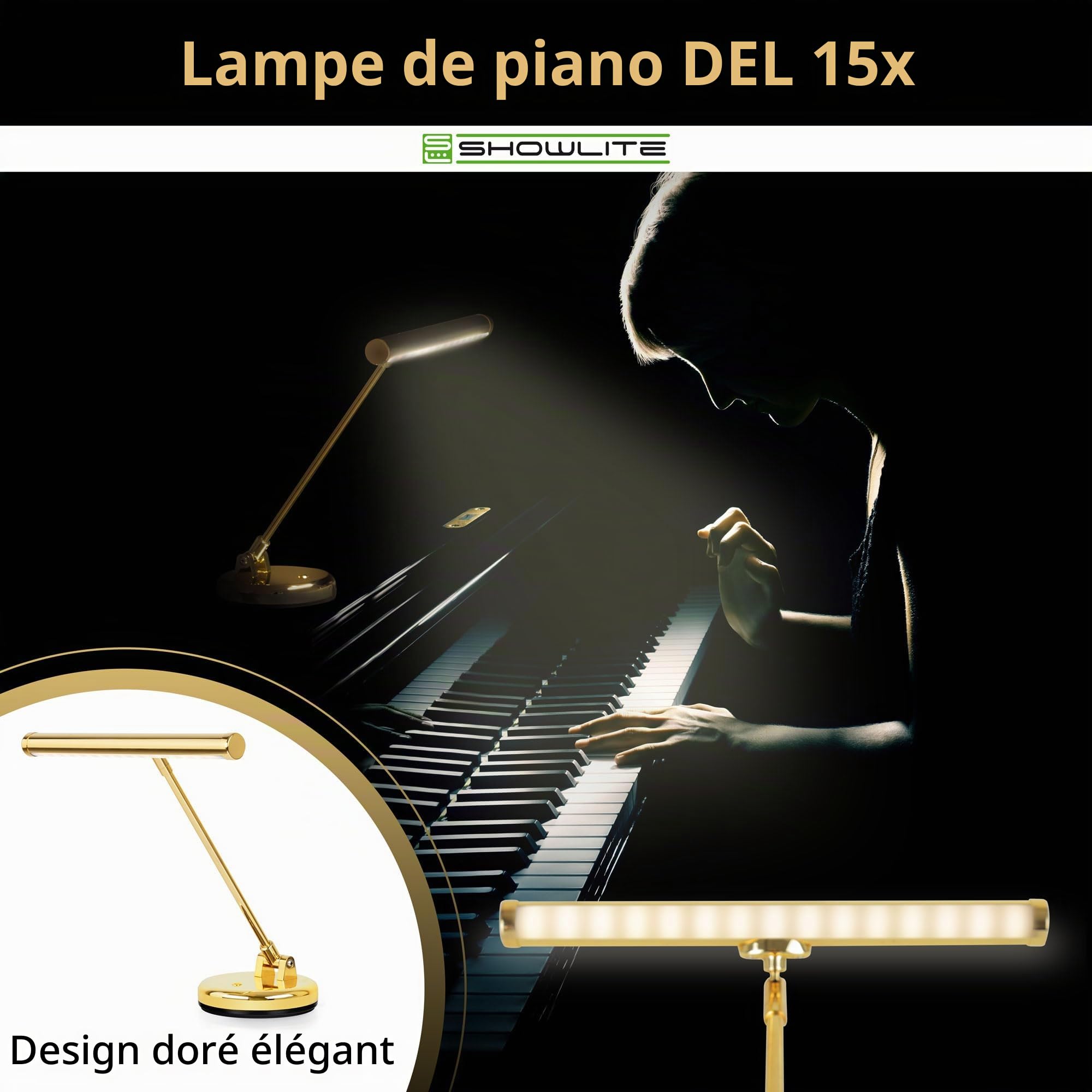 Showlite PL-1-GD-WW Lampe LED pour Piano - Lampe de Piano avec 15 LEDs - lumière blanc chaud en 2 niveaux - hauteur 36 cm - alimentation par USB, secteur ou piles - or brillant