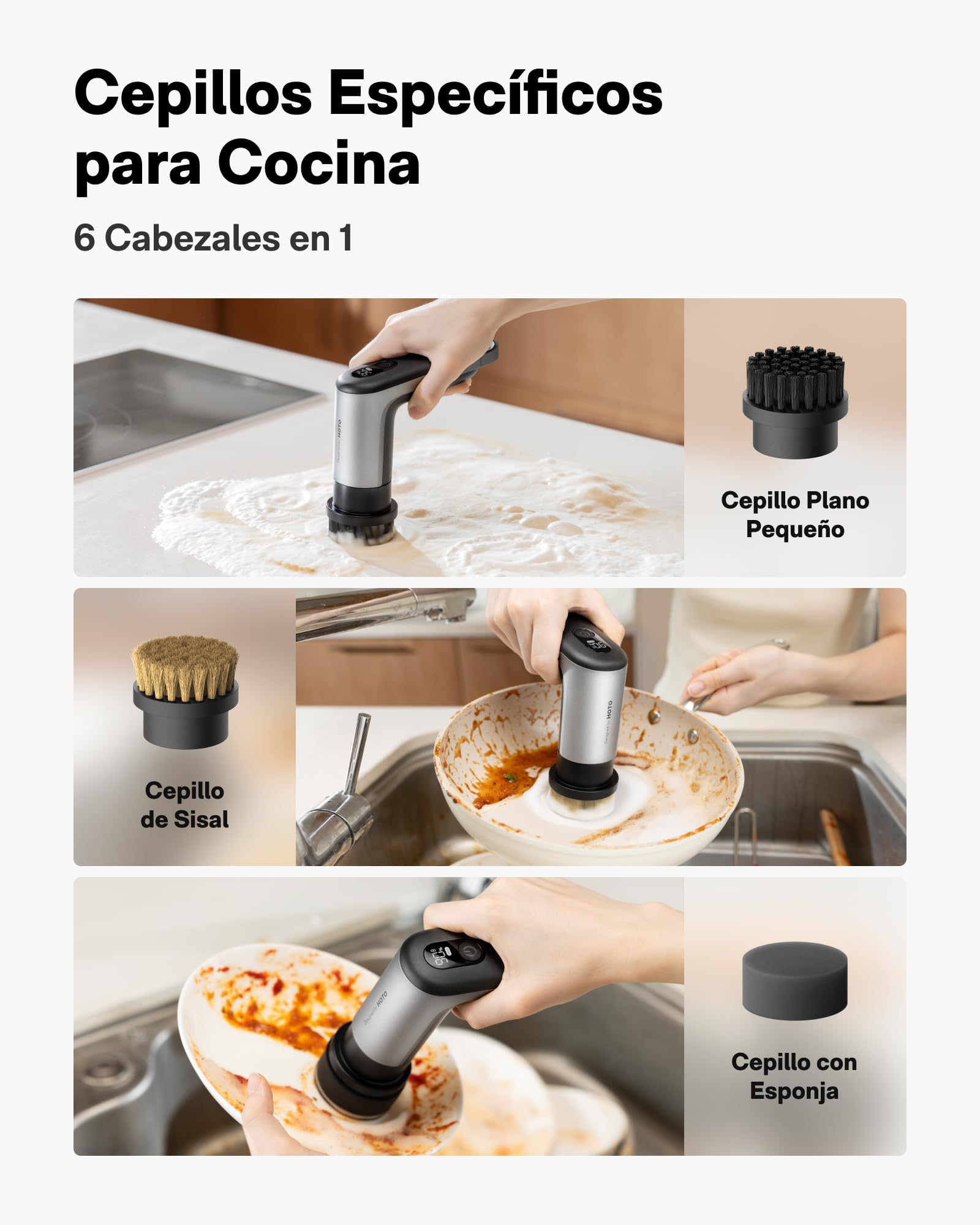 HOTO Grip™ Cepillo Eléctrico de Limpieza Hogar, IPX7 Impermeable, Cepillo Limpieza Eléctrico Ligero (0.29 kg) con 6 Cabezales, para Limpieza de Cocina, Vajilla, Encimera, Parrilla, Placa, Baldosas
