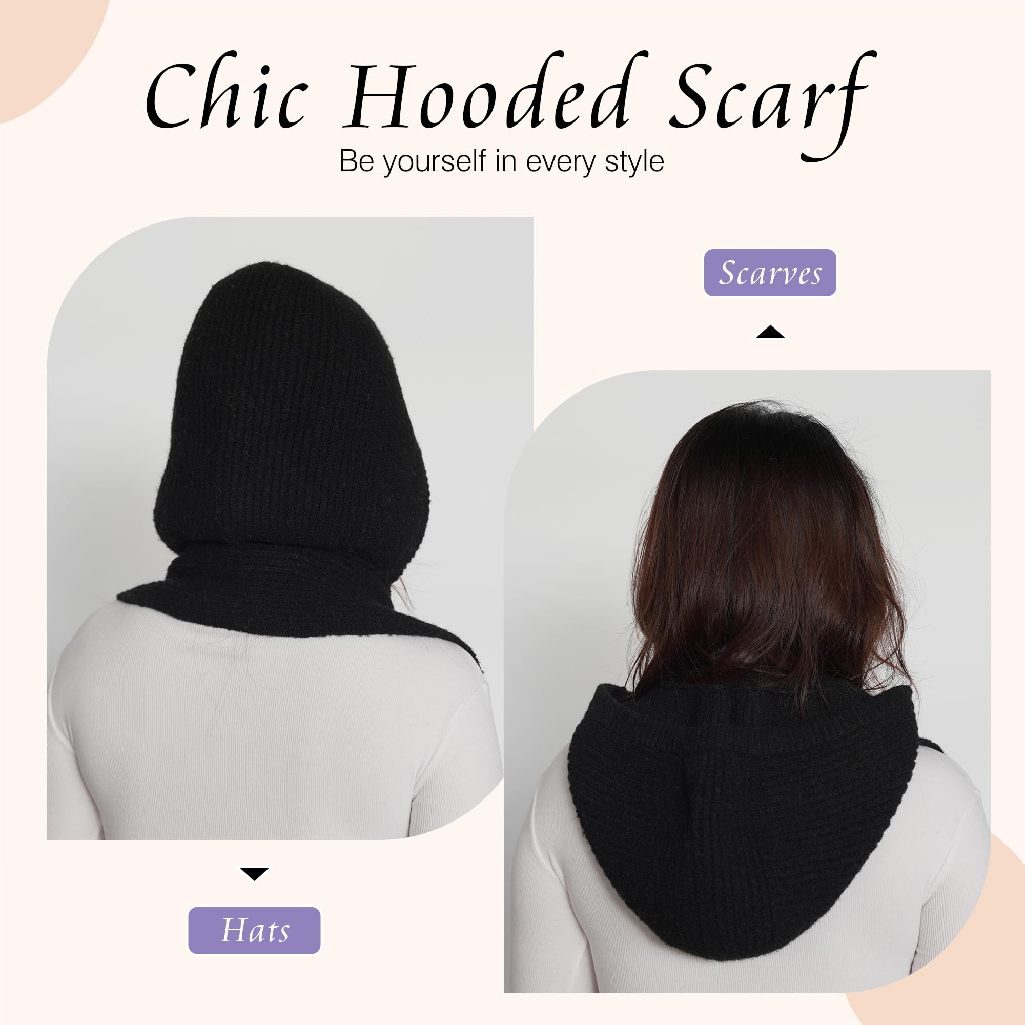 ACUSHLA Écharpe à capuche pour femme - Ensemble bonnet et écharpe 2 en 1 - Foulard en tricot doux et chaud pour les froides journées d'hiver