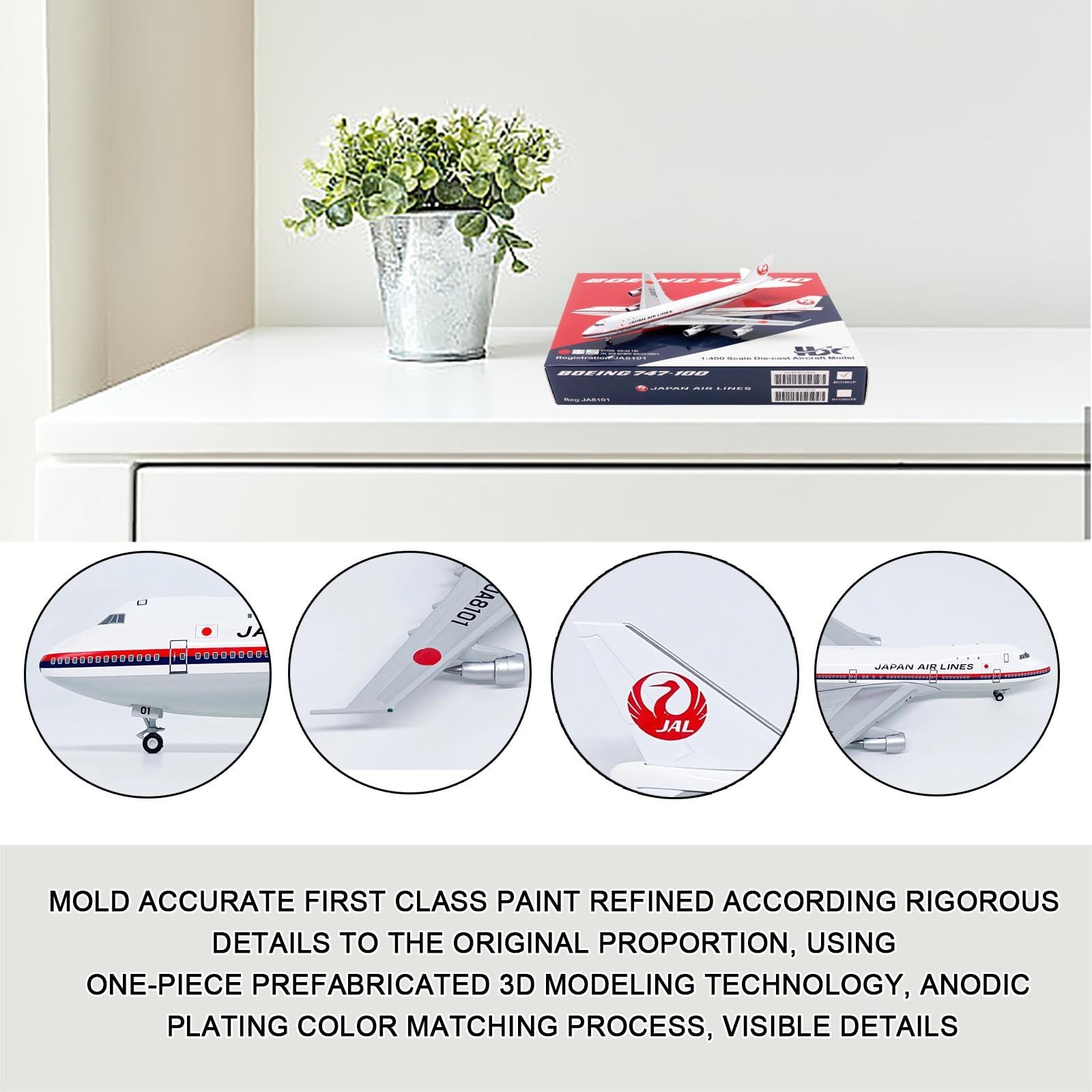 Modello aereo lega pressofusa Japan Airlines B747-100 JA8101 scala 1:400, replica alta precisione con espositore, regalo collezione for appassionati aviazione, arredamento for ufficio casa