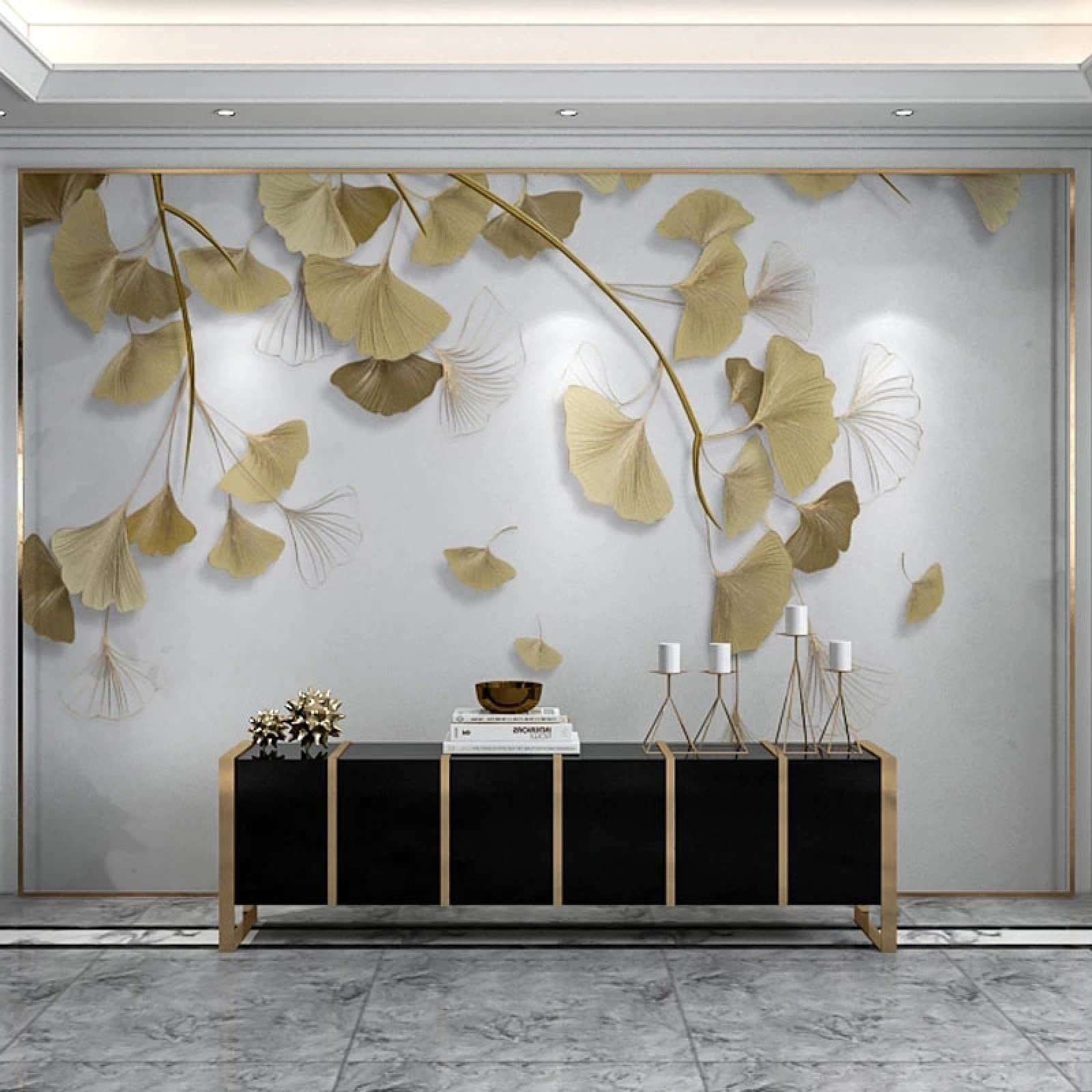 Papier peint mural haut de gamme ginkgo 3D ligne gaufrée dorée