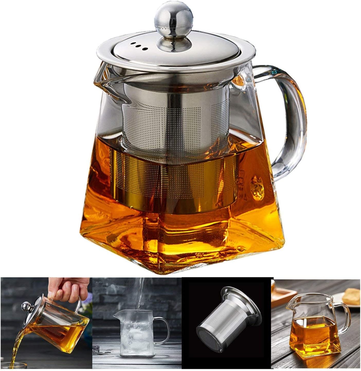 PluieSoleil Square Glass Teapot with Removable Stainless Steel Infuser, 16.9oz/500ml Borosilicate Glass Tea Pot Stovetop Kettle, Microwave & Dishwasher Safe, Blooming Loose Leaf Teapots, for Tea Maker