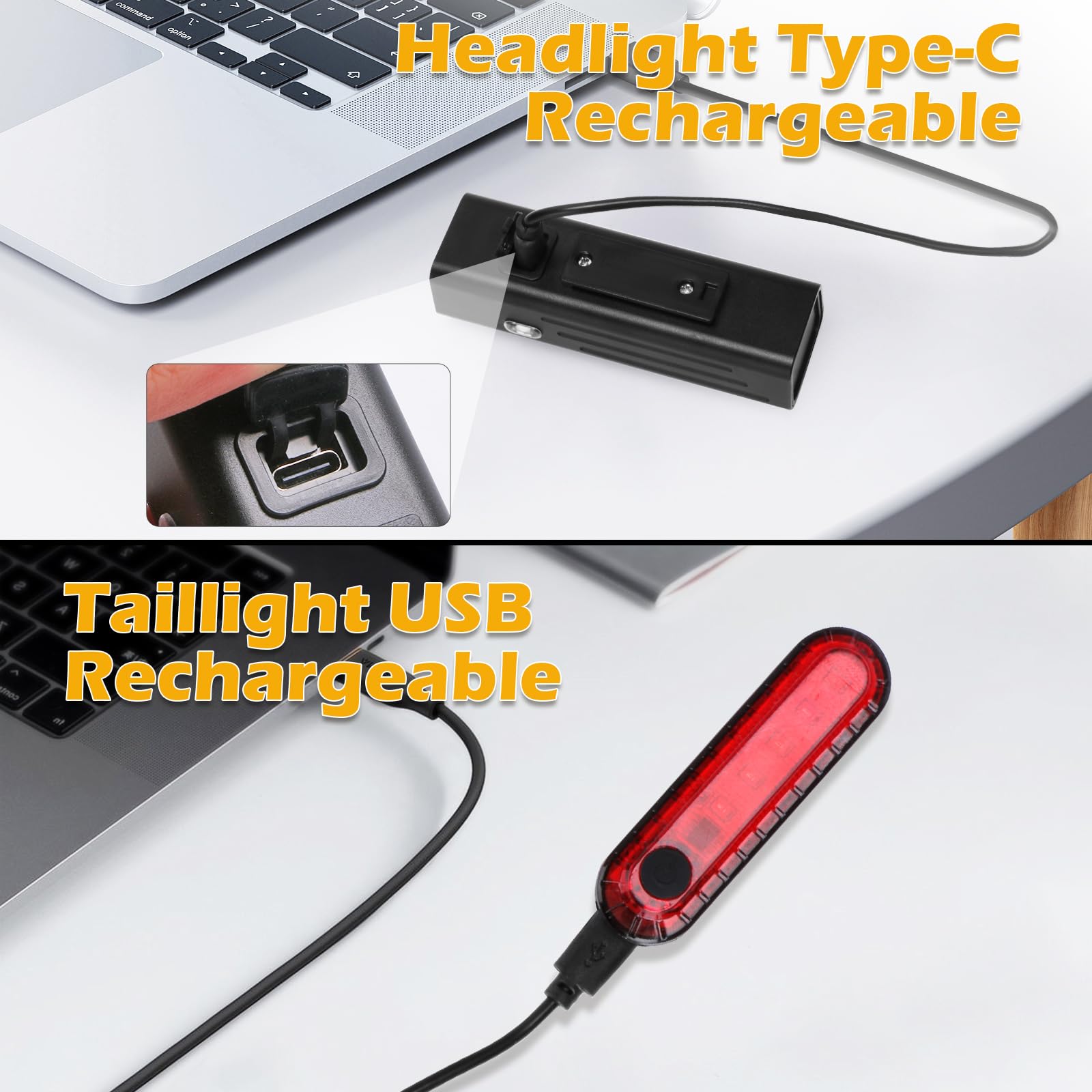 Juego de luces de bicicleta recargables por USB, faros delanteros y traseros para bicicleta, 4+4 modos de luz. Luces delanteras brillantes de 250 lm y traseras traseras de 250 lm. Se adapta a todas